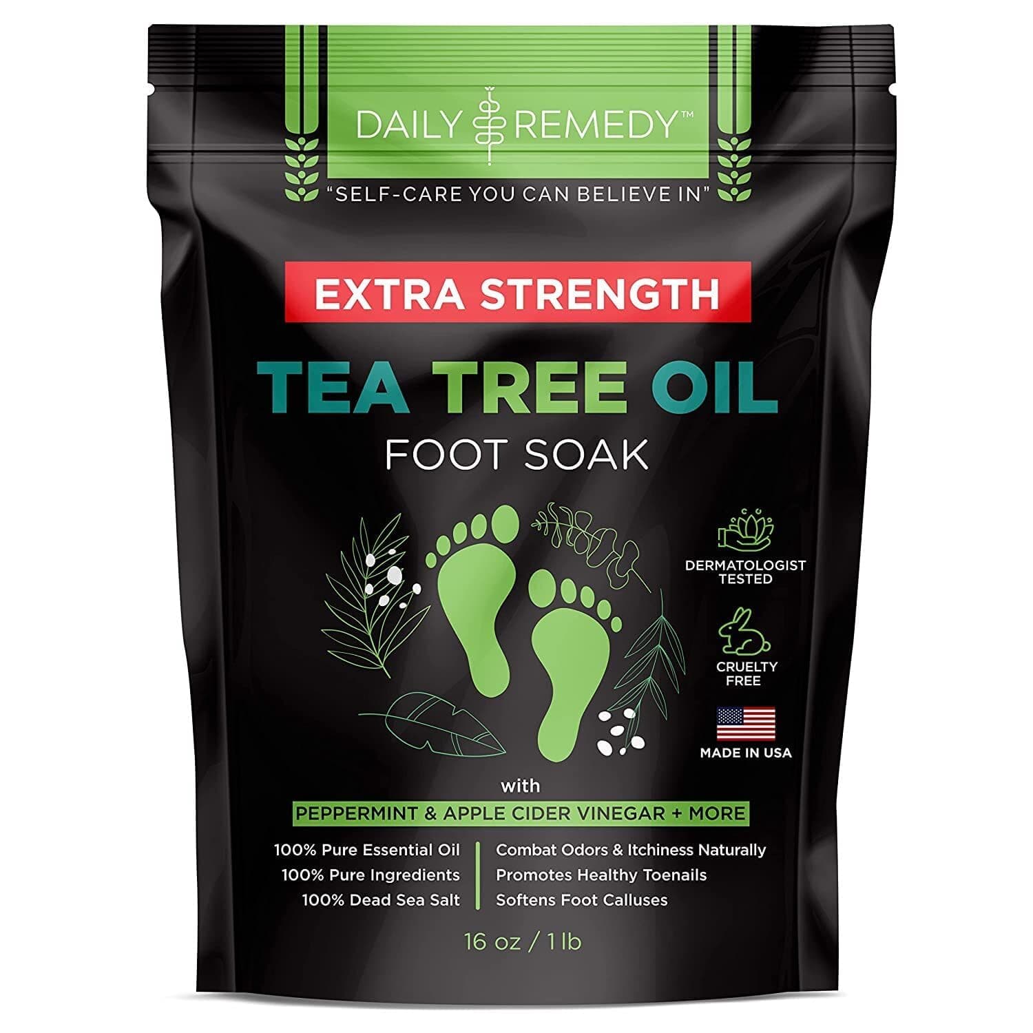 DAILY REMEDY EXTRA STRENGTH Tea Tree Oil Foot Soak w/ Epsom Salt Made in USA Toenails，Athlete's Foot，Itchy Feet，Stubborn Smelly Foot Odor，Pedicure Calluses & Soothes Sore Tired Achy Feet 16 oz，Black
