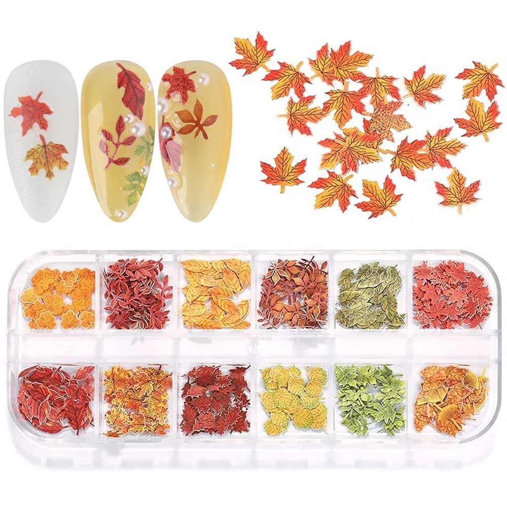 Fall Nail Decals, Fall Nail Art Glitters Maple Leaf Nail Stickers Nail Art Supplies Sequins 12 Grids Autumn Color Nail Art Accessories Flakes Wood Pulp Slices for Fall Nail Art Decorations and Crafts