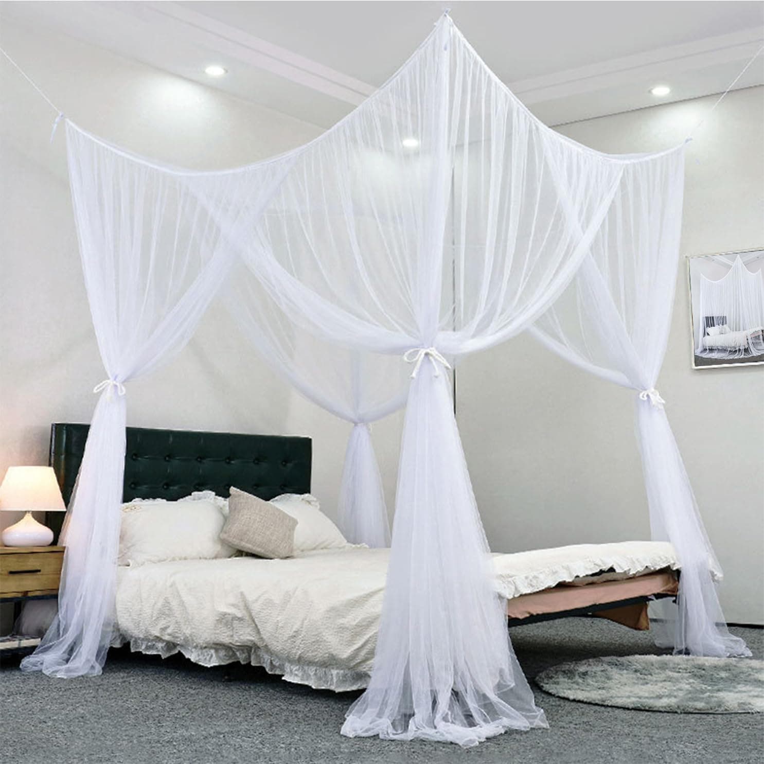 Tinyuet 4-Corner Bed Canopy with Mosquito Net - 74.8×82.7×94.5in Universal Canopy Curtains for Indoor, Outdoor & Patio Use - White