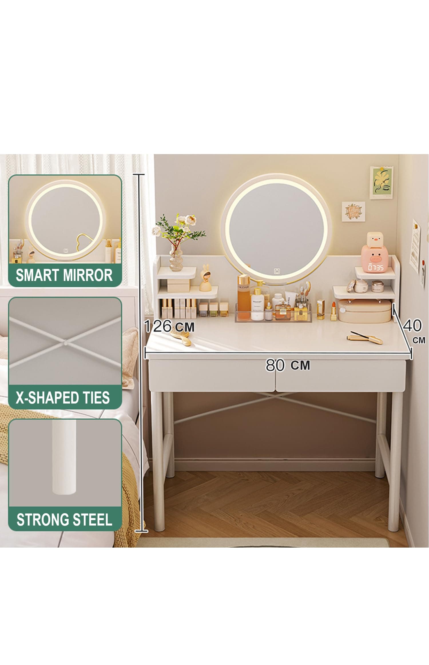 NKX Makeup Vanity Table Dressing Table Flip Mirror With Drawers