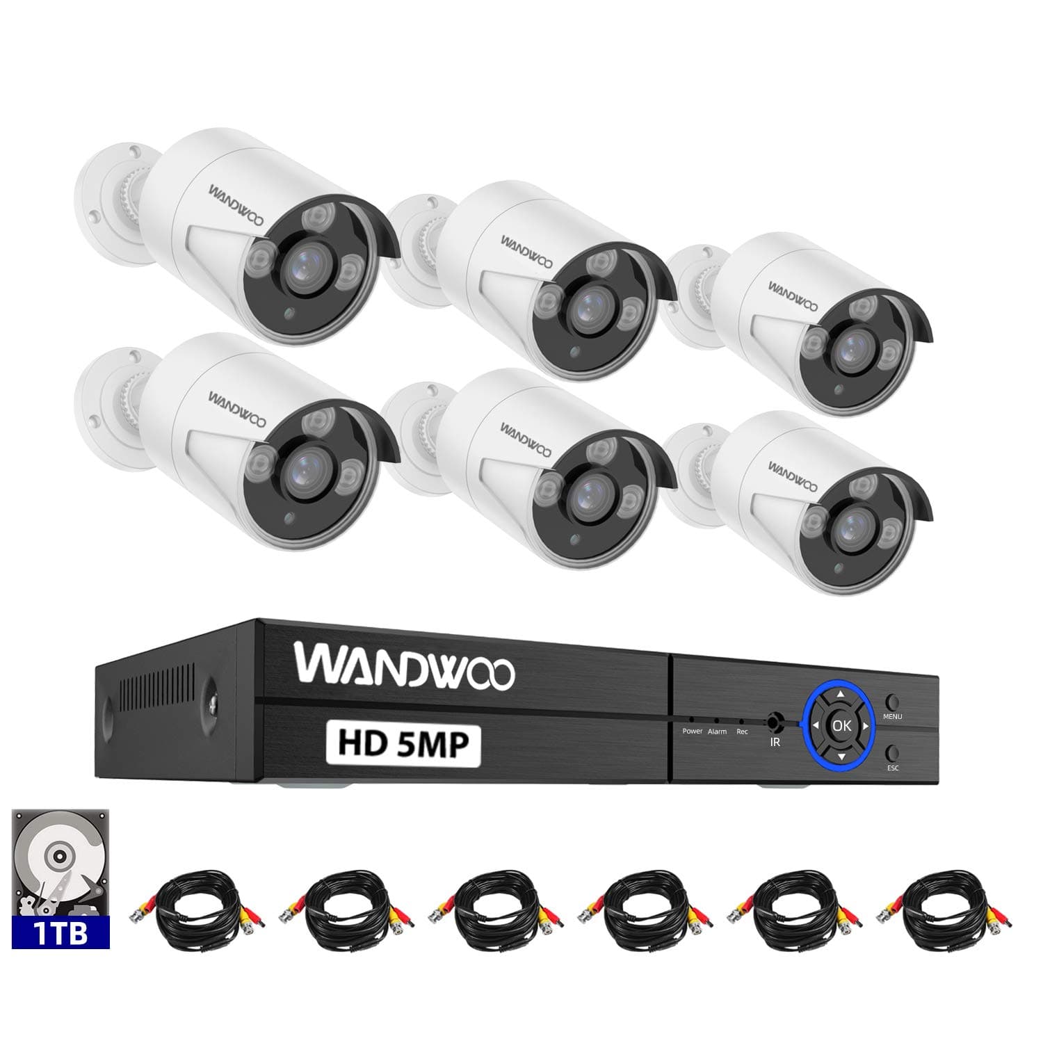 Home Security Camera System, Wandwoo 8CH 5MP DVR Surveillance Camera System(1TB Hard Drive), 6PCS Full HD Indoor&Outdoor Home Security Cameras, Free APP for Smartphone Remote Monitoring