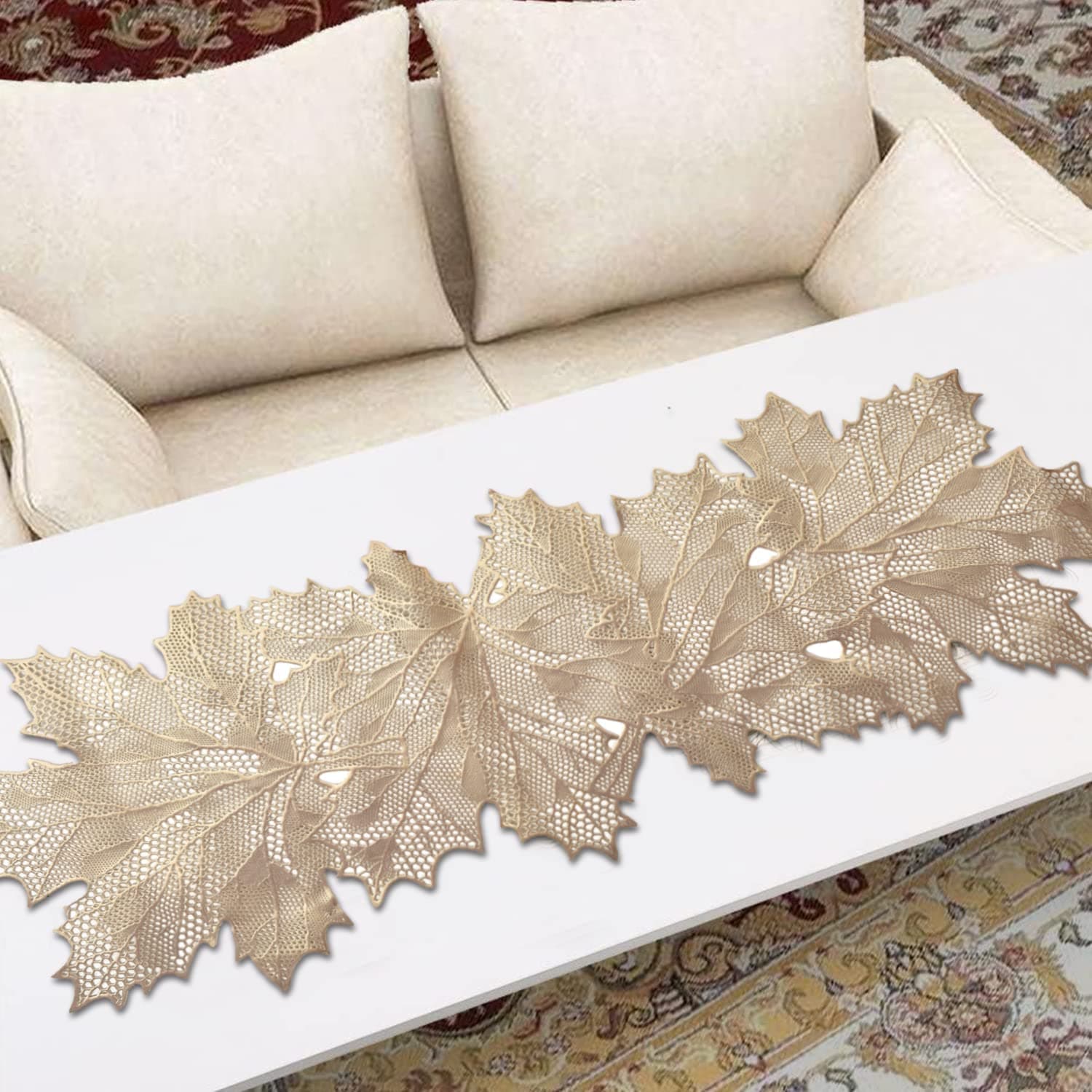Urbane Home Leaf Design Soft Leather Table Runner for Patios Family Dinner Office Kitchen Table (Gold)