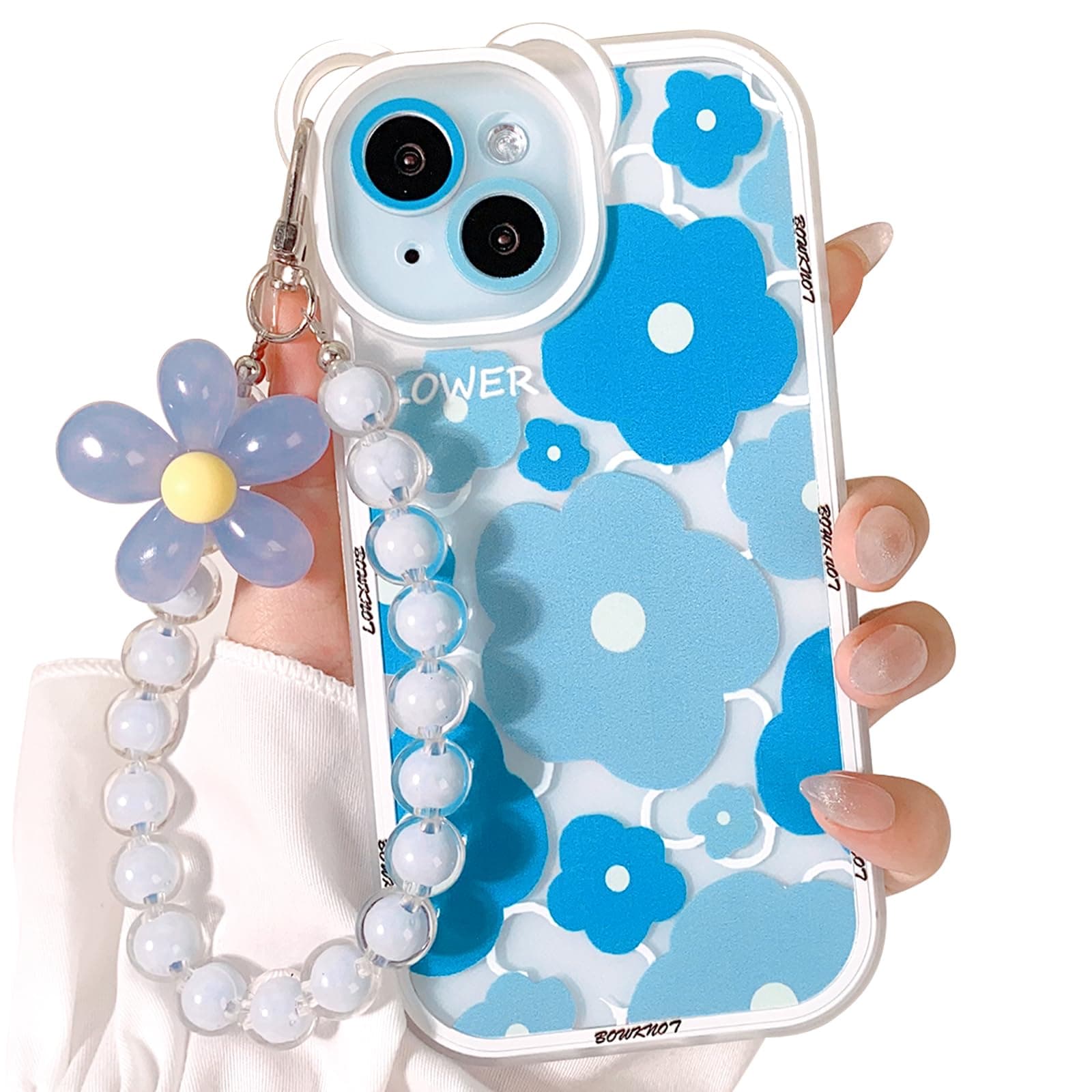 NITITOPCompatible for iPhone 15 Plus Case Clear Cute Flower Floral Bear for Girls Women Pattern with Chain Lanyard Wrist Strap Soft TPU Shockproof Protective Girly for iPhone 15 Plus-Blue