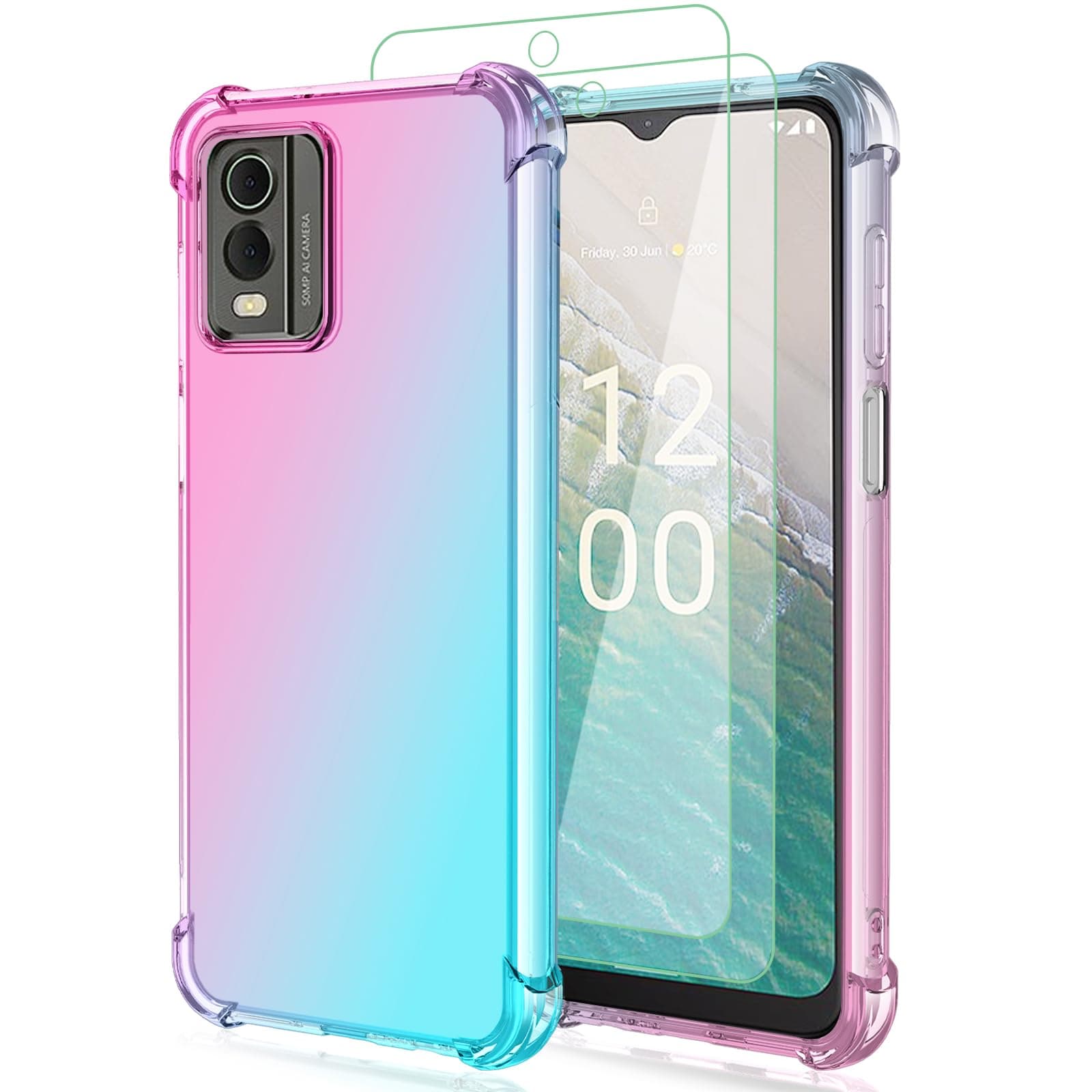 Osophter for Nokia C32 Phone Case: with 2pcs Screen Protector,two color gradient reinforced corner TPU shock absorption flexible Cell Phone Cover for Nokia C32(Pink Teal)