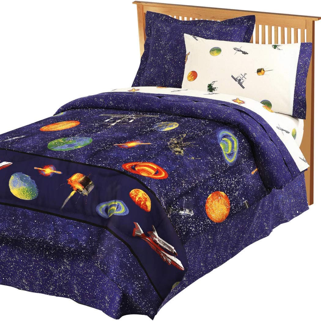 6 Piece Navy Blue Outer Space Themed Comforter Set Twin With Sheets, Blue Orange Brown Orbiting Planets Stars Twinkling Satellites Rockets Comets Teen Themed Plush Cozy Soft Kids Bedding For Bedroom
