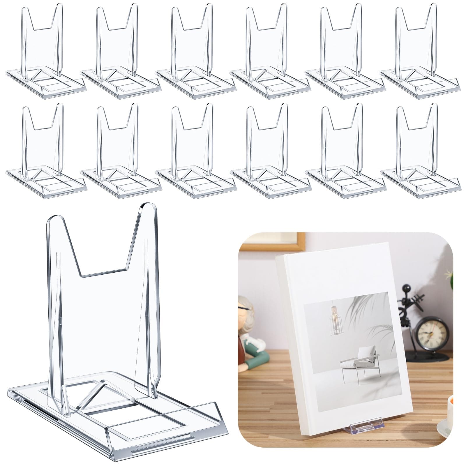 - 12 Pack Acrylic Book Stand for Display Adjustable Clear Display Holder Easel Collector Stand for Home Office Back to School Comic Album CD Magazine Postcard Artworks (4.2 x 4.3 x 2.35 Inch)