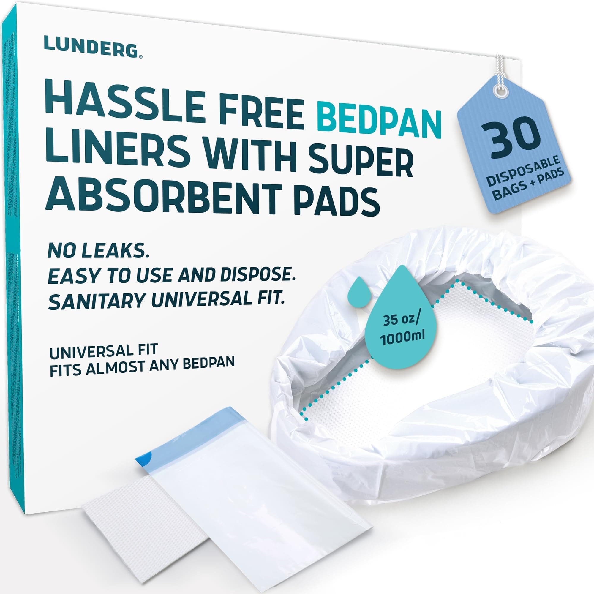 Lunderg Bedpan Liners with Super Absorbent Pads - Value Pack 30 Count - Medical Grade & Universal Fit - Bed Pans for Females, Elderly Men and Women - Make Life so Much Easier