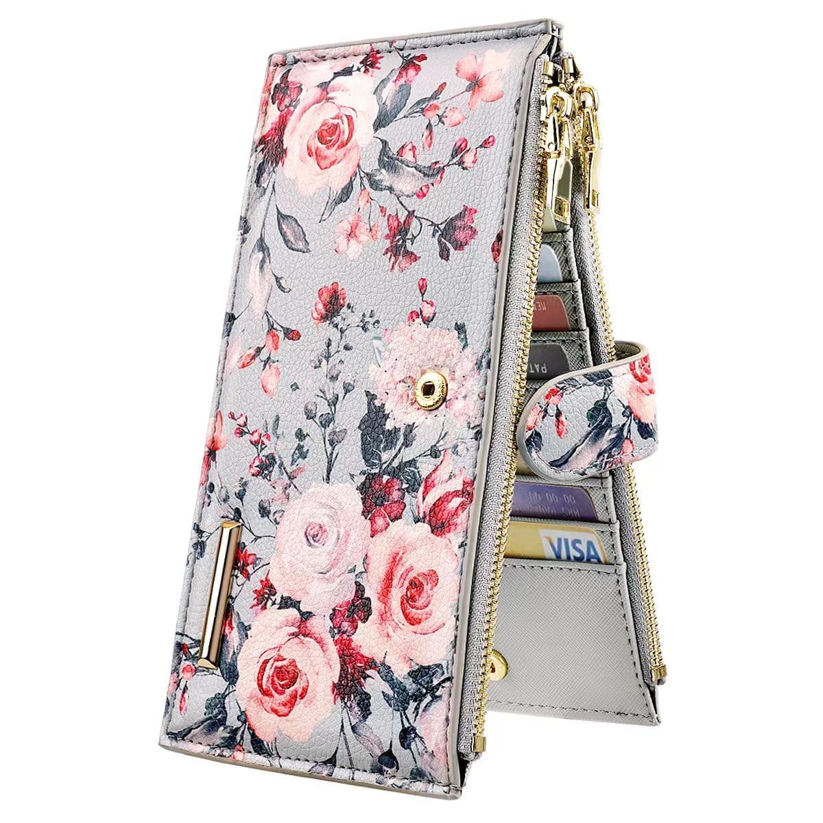 Coco Rossi Womens RFID Blocking Large Capacity Wallet Multi Card Organizer Bifold Wallet for Women with Zipper Pocket, Grey Flowers, L, Casual