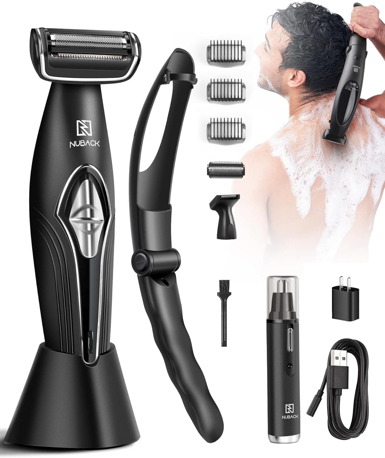 NUBACKBack Shavers for Men Long Handle, Multifunctional Self-Service Electric Back Hair Razor with Detachable Handle, Trimmer for Men with Back Attachment for Wet and Dry Use