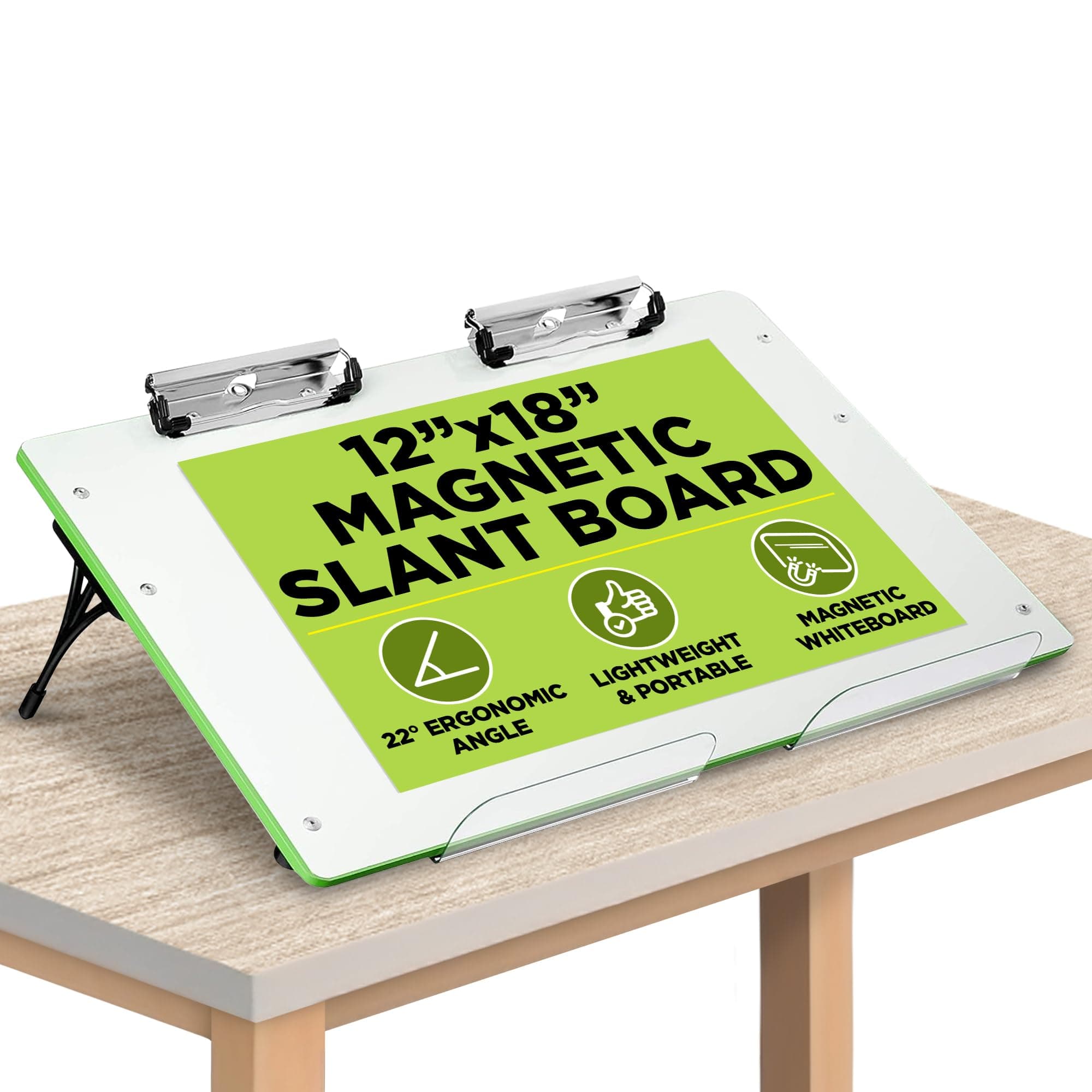 Visual Edge (Green) - Slant Board (Green), A Sloped Work Surface for Writing, Reading, Art and Speech for Optimal Learning, Portable Desktop Magnetic Dry Erase White Board with Clipboard for Kids