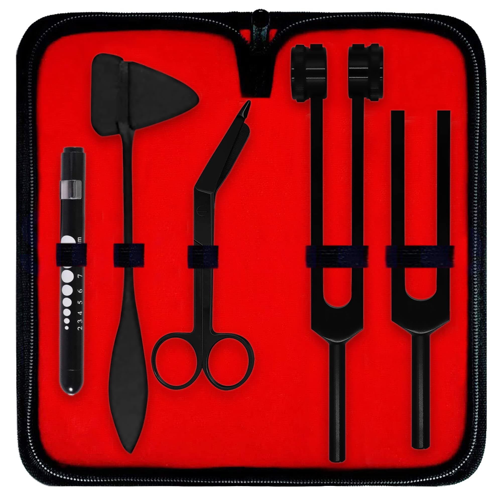 Diagnostics Kit - Percussion Taylor Reflex Hammer + C 128 & C 512 Tuning Forks + Bandage Scissors + Pupil Gauge Pen Light in Carrying Case - 6 Pieces Set - Full Black