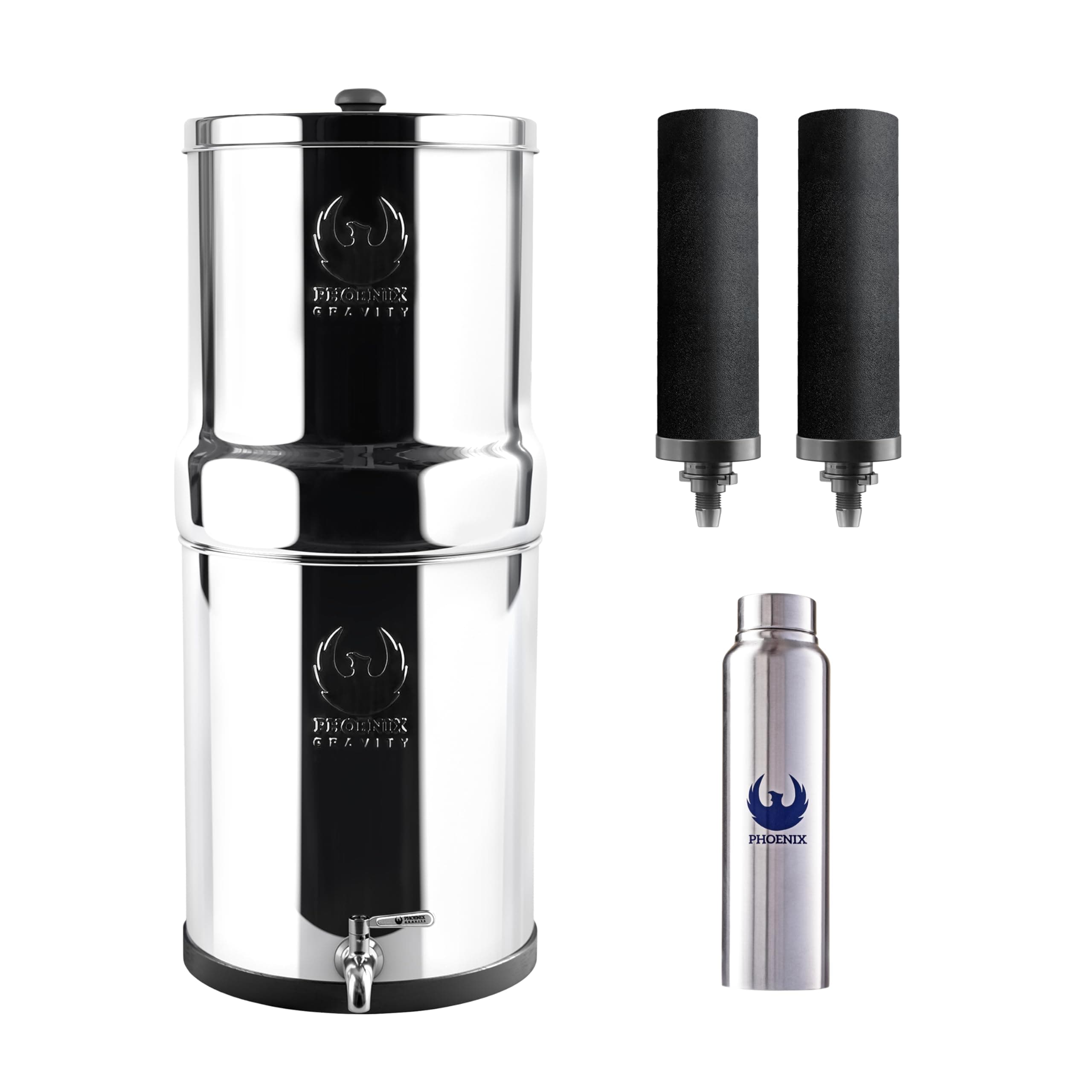 Phoenix Gravity 8L Gravity Fed Stainless Steel Drinking Water Filter and Purifier with 2 Phoenix Carbon Water Filter Cartridges, Stainless Steel Tap