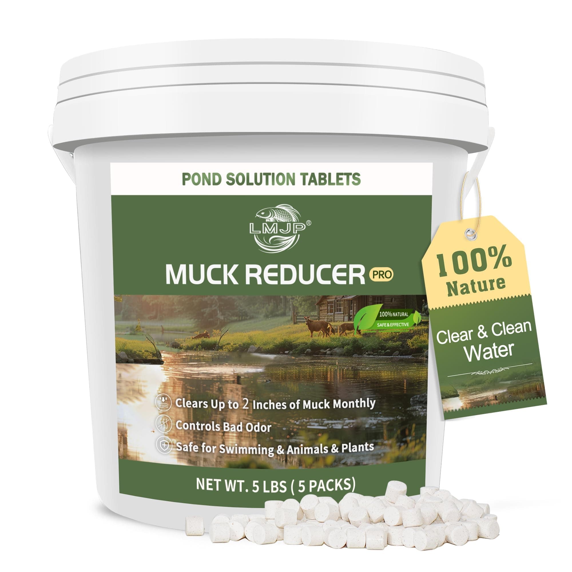 - LMJP Muck Reducer - 5LB Natural Sludge Solution Tablets for Ponds & Lakes, Away Muck & Odor Control, Safe for Aquatic Life, Wildlife & Recreation, Treats Up to 30,000 Sq Ft