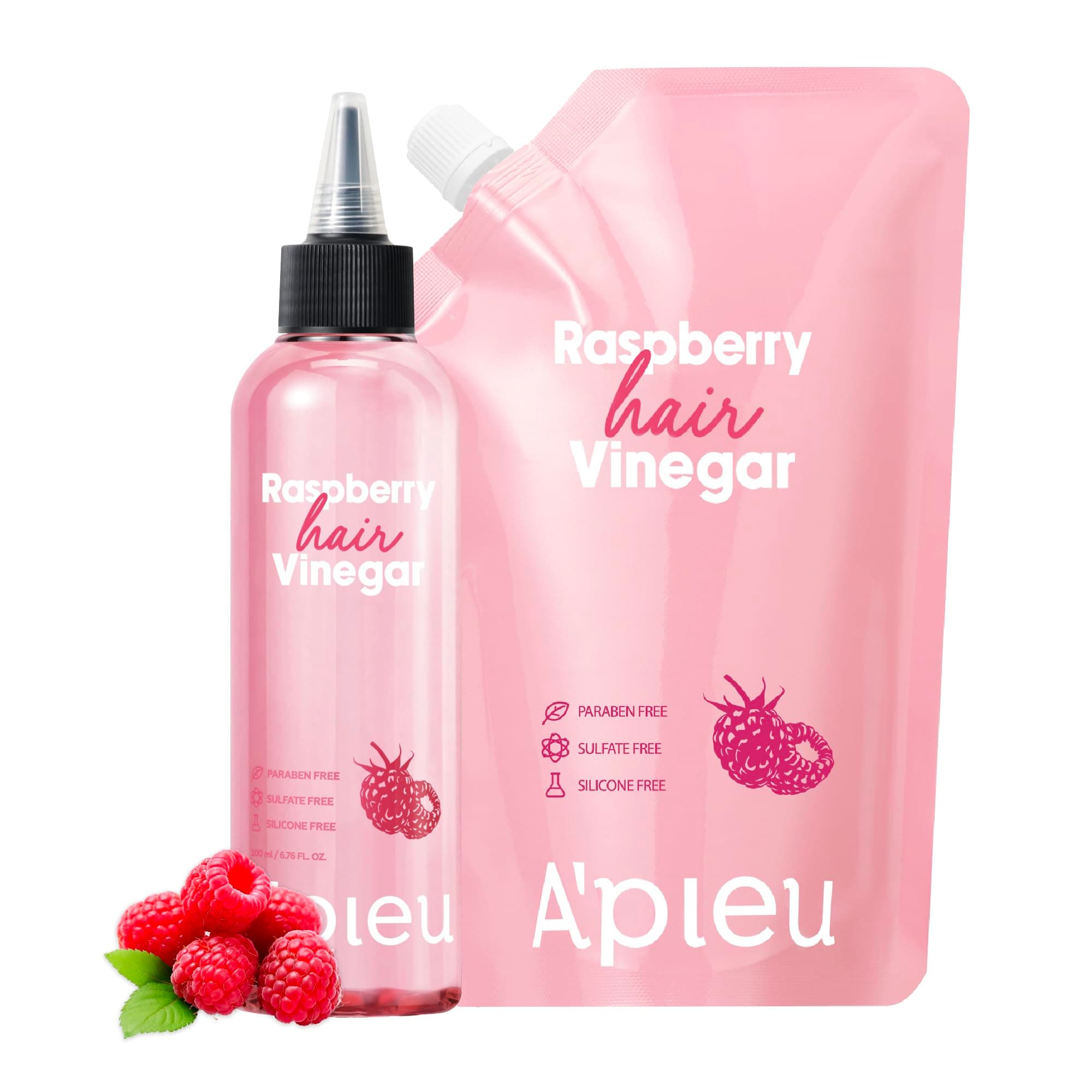 A'PIEU Raspberry Hair Vinegar Rinse & Refill Bundle 6.76 + 13.6 fl oz - Scalp Treatment for pH Balance, Hair Growth | Clarifying, Dandruff & Oil Control | Silky, Shiny Hair