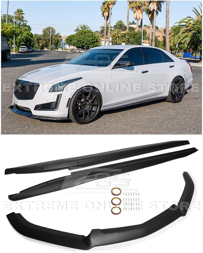 Replacement for 2014-2019 Cadillac CTS Models | EOS Carbon Package Style Front Bumper Lower Lip Splitter with Side Skirts Rocker Panel Extensions (Fiberglass - Primer Black)