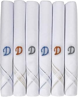 Caruso Italy Men's Personalized Initial Monogram Handkerchief (A-Z) Embroidered 100% Pure Cotton Pocket Square, Elegant Soft and Absorbent for Everyday Use or Gift, White, 46 x 46 cm, pack of 6