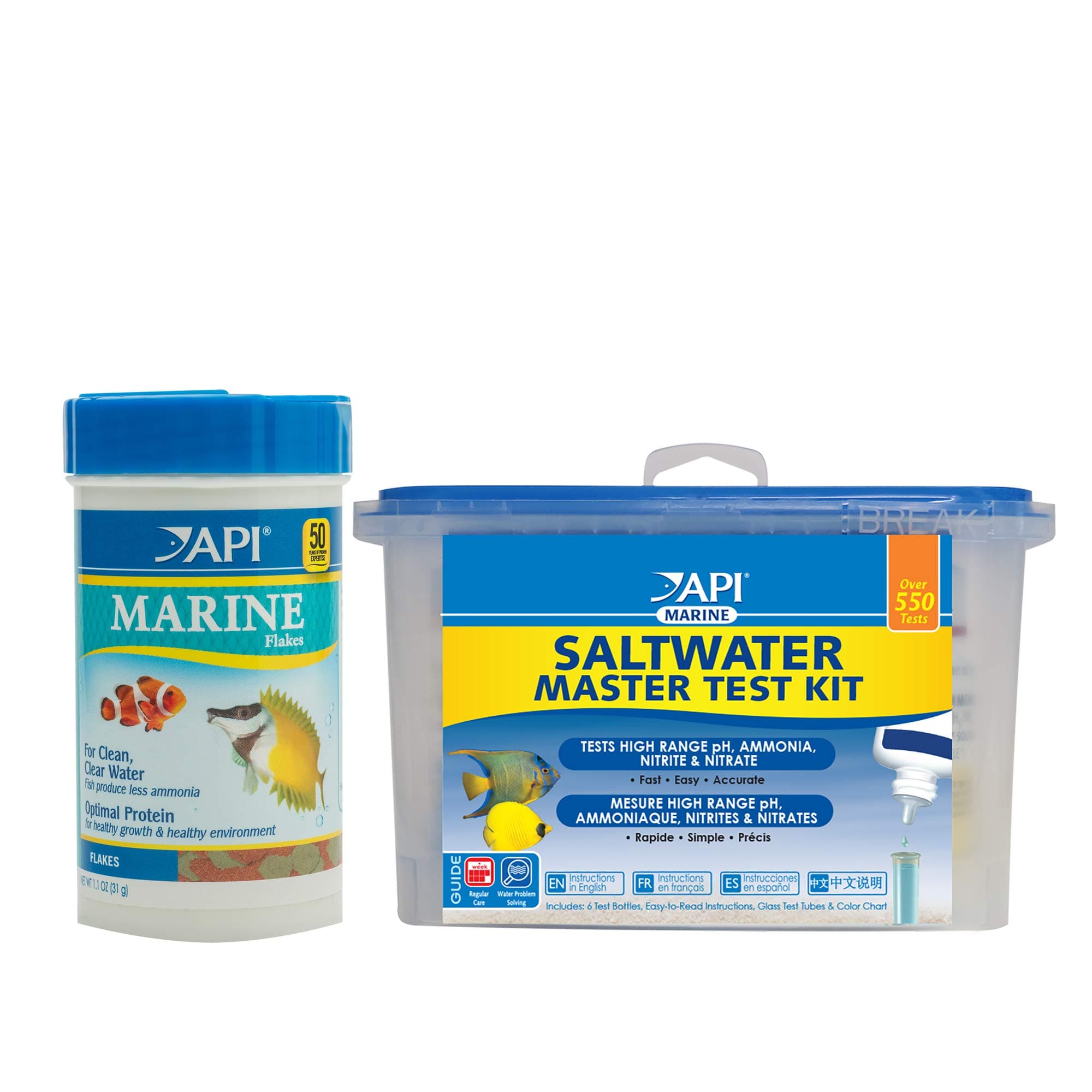 API Marine Bundle Pack: One (1) API SALTWATER MASTER TEST KIT, one (1) API MARINE FLAKES Fish Food