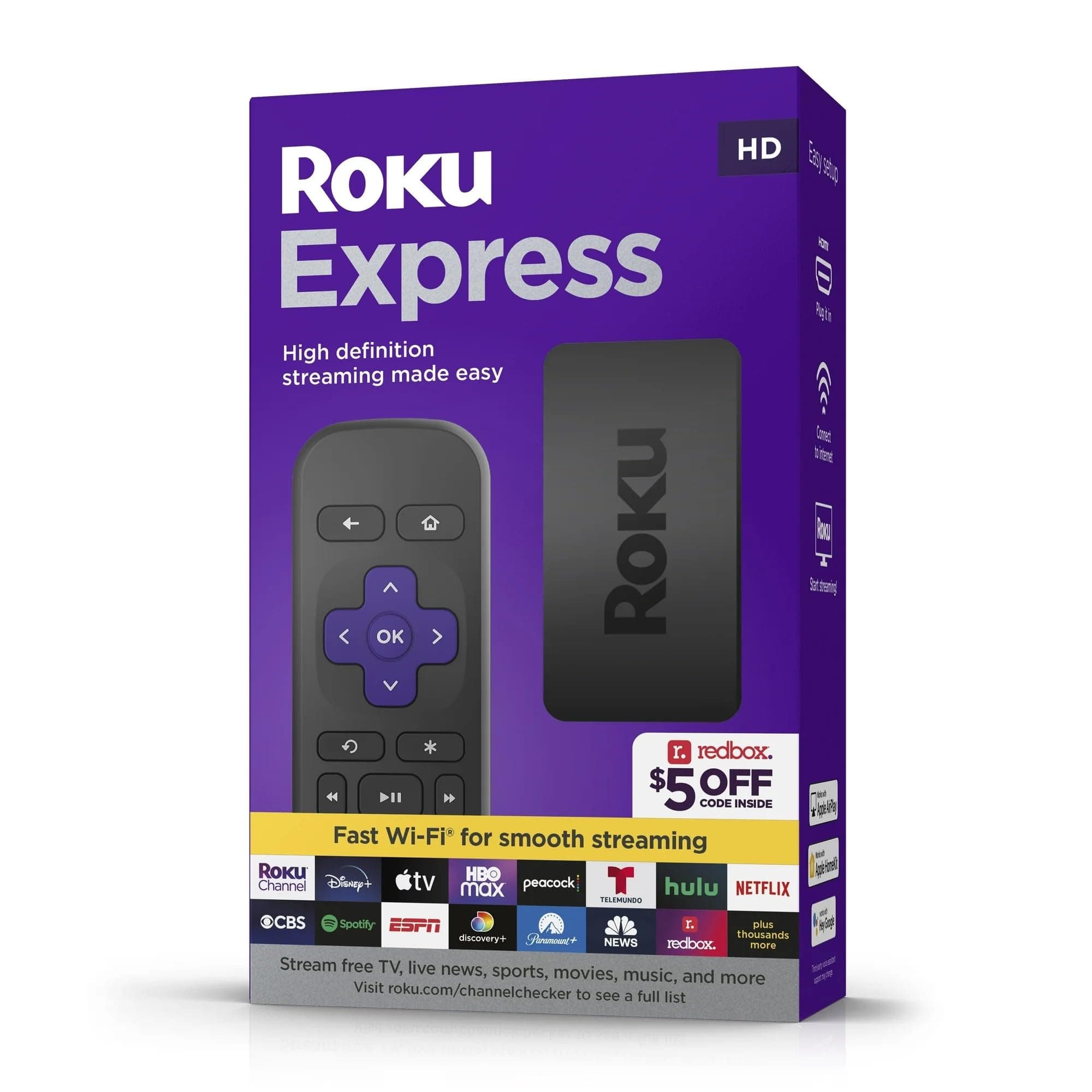 Express (New) HD Streaming Device, with High-Speed HDMI Cable and Simple Remote (no TV Controls), Guided Setup, and Fast Wi-Fi, with MTC HDMI Cable and USB Extension Cord