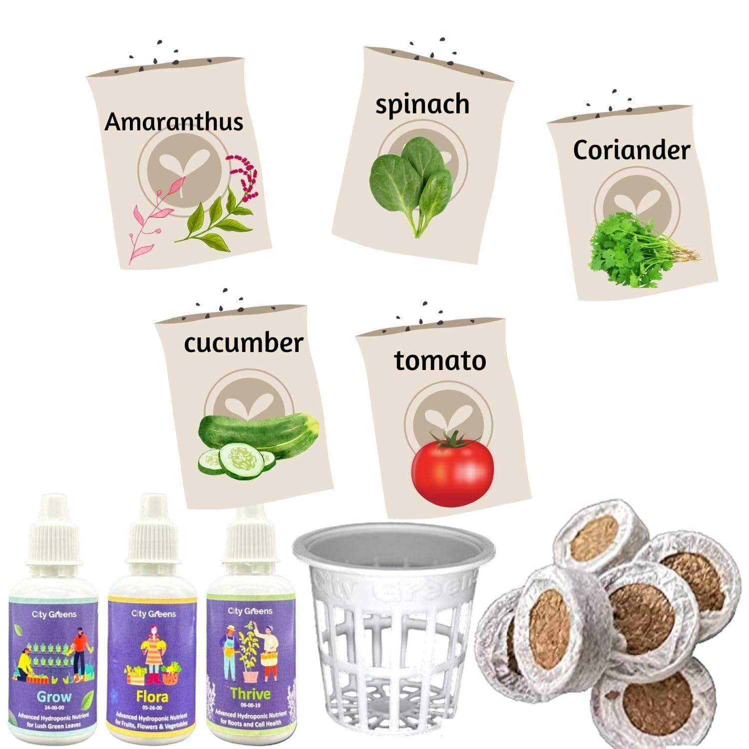 City Greens DIY Home Garden Starter Kit | Seed Starter Kit | Beginners Hydroponic, Soil & Cocopeat Kit | Consists of Seeds | Cocopeat | 15 Netpots | Nutrients | Grow Upto - 15 Plants.
