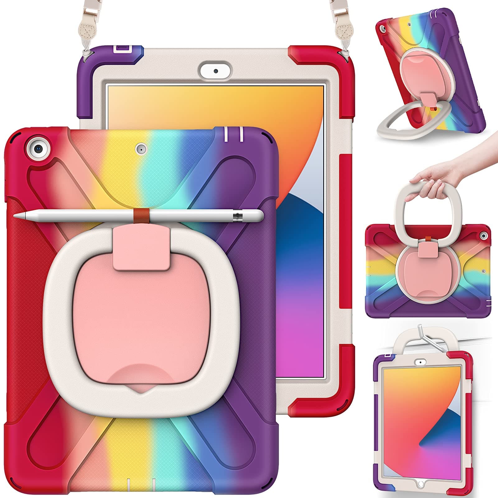 KENOBEE Case for iPad 10.2 inch 9th / 8th / 7th Generation (2021/2020/2019), 360° Rotating Handle-Kickstand Shockproof Cover Built-in Screen Protector & Shoulder Strap & Pen Holder, Rainbow Red