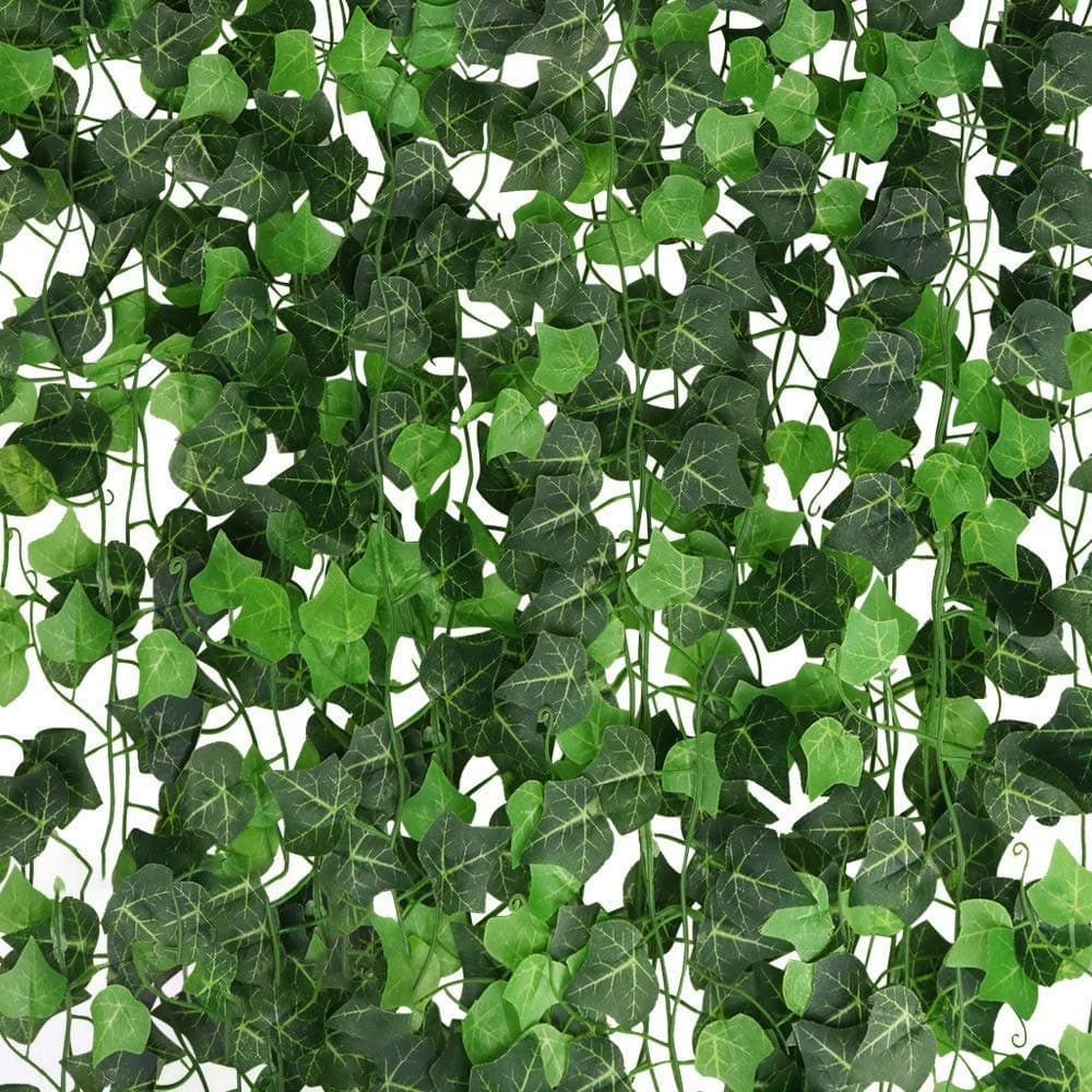 A-Decor 84 ft-12 Pack Artificial Ivy Vine Hanging Garland Fake Foliage Flowers Leaf Plants Home Garden Greenery Life-Like English Poison Ivy Wedding Party Strands Indoor Outdoor Wall Decor, Green