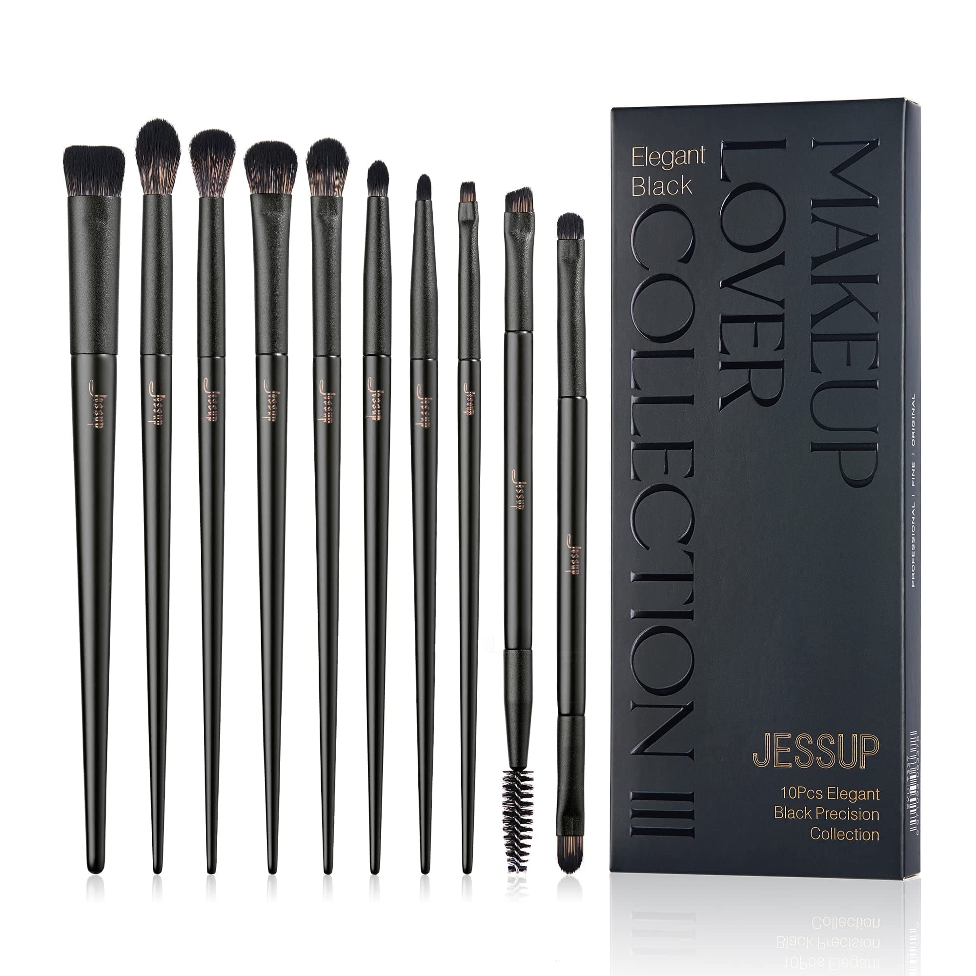 Jessup Eyeshadow Brush Set 10Pcs Professional Eye Makeup Brushes for Blending Eye Shadow Liner Crease Duo-end Brow Brush, Elegant Black T337