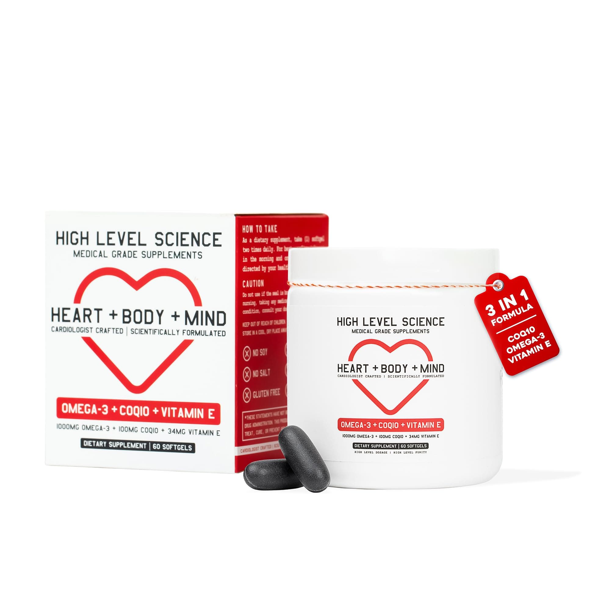 High Level Science CoQ10, Omega-3, Vitamin E - Cardiologist Formulated for Heart + Body + Mind Health with DHA/EPA, Antioxidant for Energy, Superior Bioavailable Fish Oil - Gluten Free