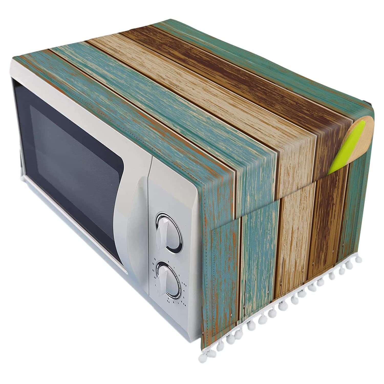 Microwave Oven Top Cover Dustproof Linen Machine Protector Decorative Kitchen Appliance Cover with Side Storage Pockets 11.8x35.4inches Vintage Wood Grain