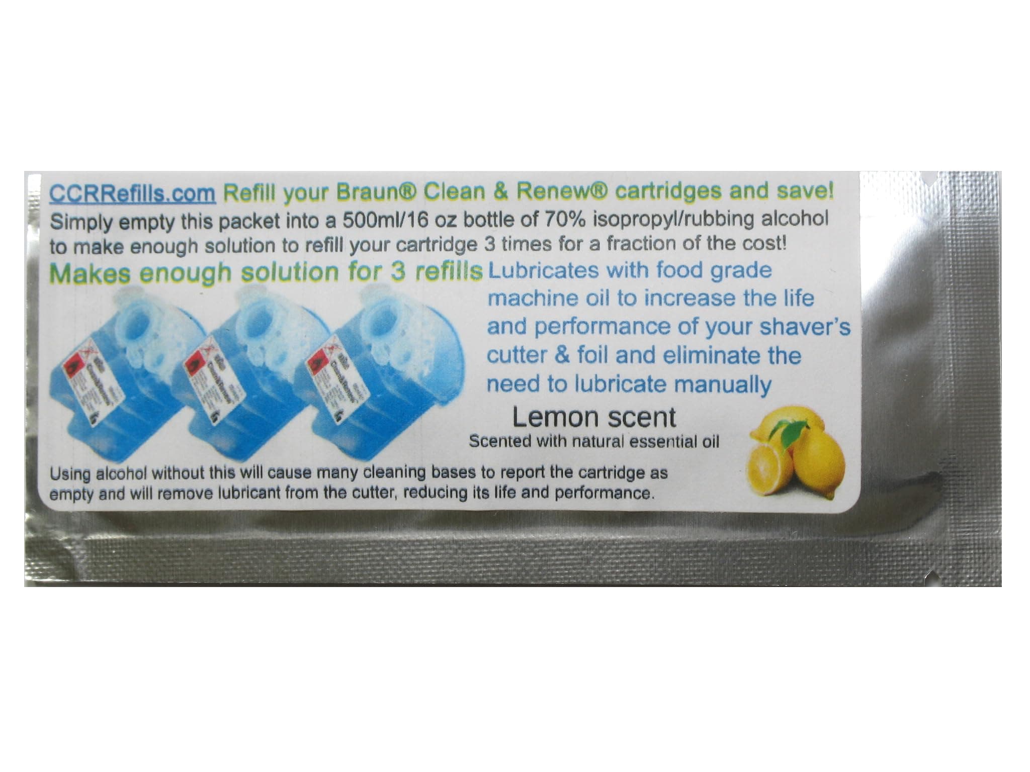 Refill Solution compatible with Braun® Clean & Renew® CCR3 Shaver Cartridges (Lemon, 3 Packets (9 refills))