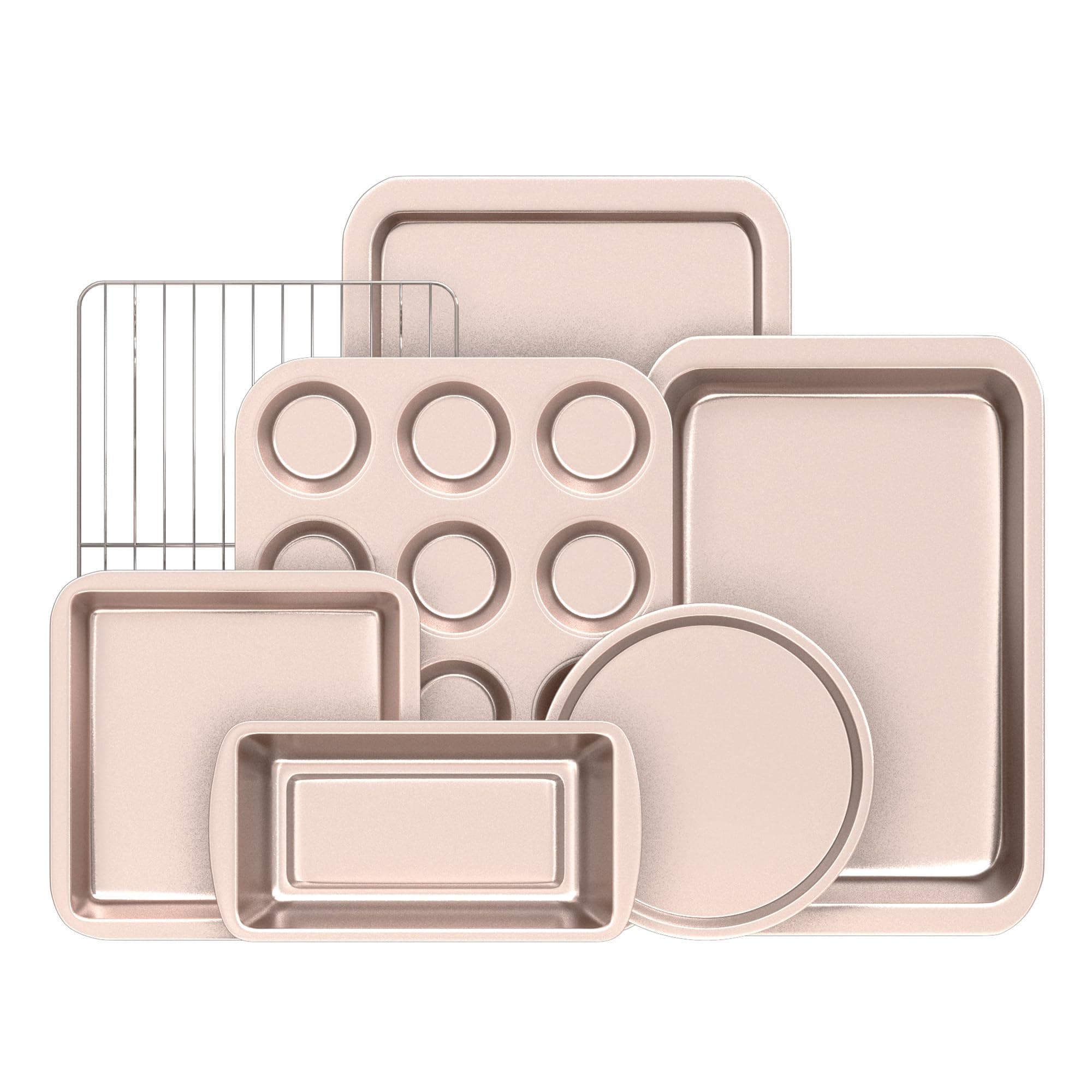 KITESSENSU Baking Pans Sets, Nonstick Bakeware Set 7-Piece with Round/Square Cake Pan, Loaf Pan, Muffin Pan, Cookie Sheet, Roast Pan, Cooling Rack & Silicone Oven Mitts, Carbon Steel Bake Set,Gold