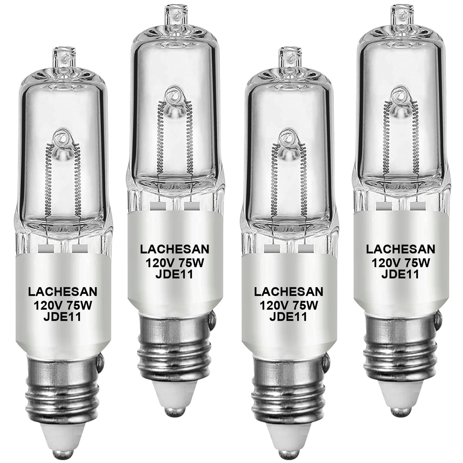 JDE11 120v 75w, 55mm E11 Halogen Bulb（Replacement E11 Led Bulb） T4 Mini Candelabra Base, 2700K Warm White Dimmable for Chandeliers, Ceiling Fan, Table Lamps, Cabinet Lighting, 4 Pack