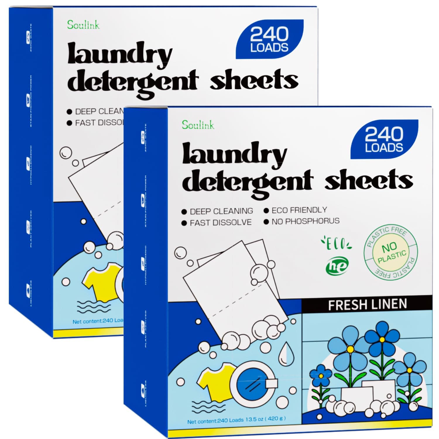 Soulink Laundry Detergent Sheets, 480 Loads (2 Pack) - Eco-Friendly, Plant Based, Hypoallergenic, No Plastic Jar, Fresh Linen Scent
