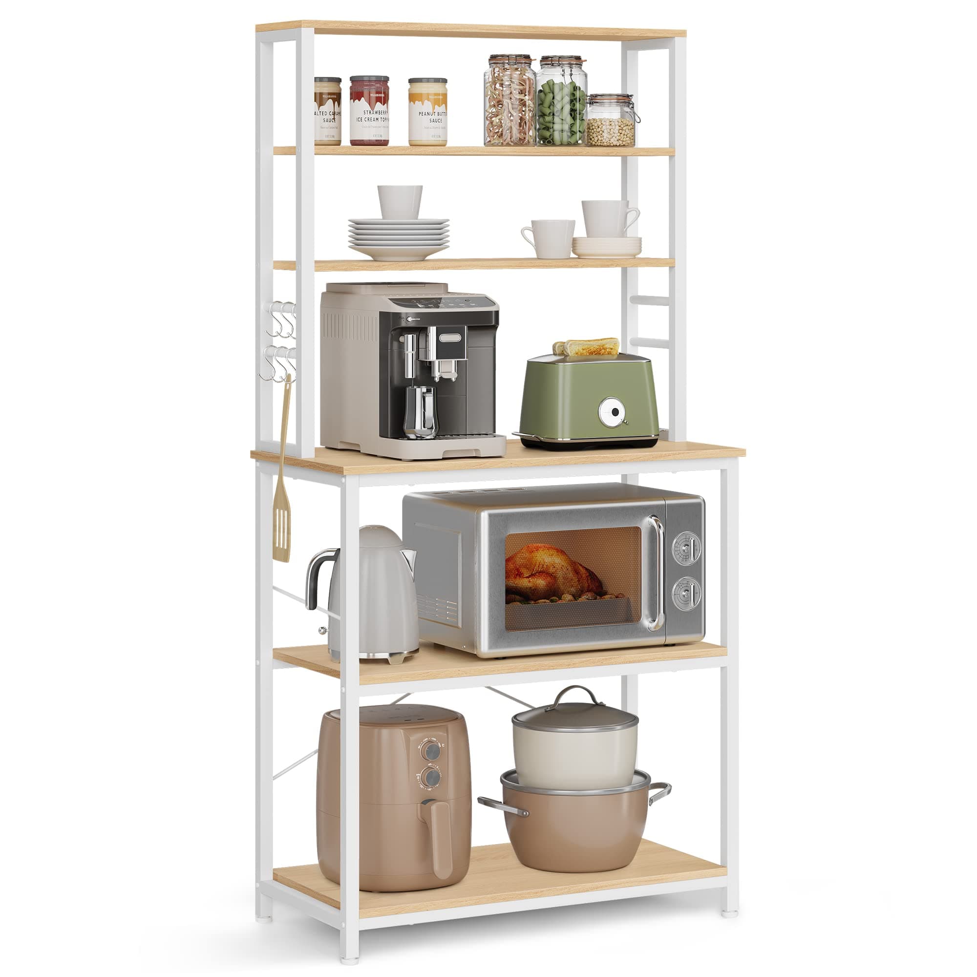 VASAGLE Kitchen Storage Rack, Coffee Bar, Baker's Rack, Total 6 Shelves and 6 Hooks, for Microwave, Steel Frame, Industrial, 40 x 80 x 167 cm, Golden Oak and Cloud White KKS019W09