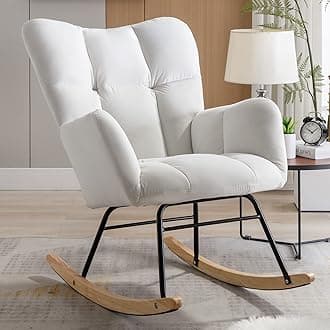 NIOIIKITNursery Rocking Chair Velvet Upholstered Glider Rocker Rocking Accent Chair Padded Seat with High Backrest Armchair Comfy Side Chair for Living Room Bedroom Offices (White Velvet)