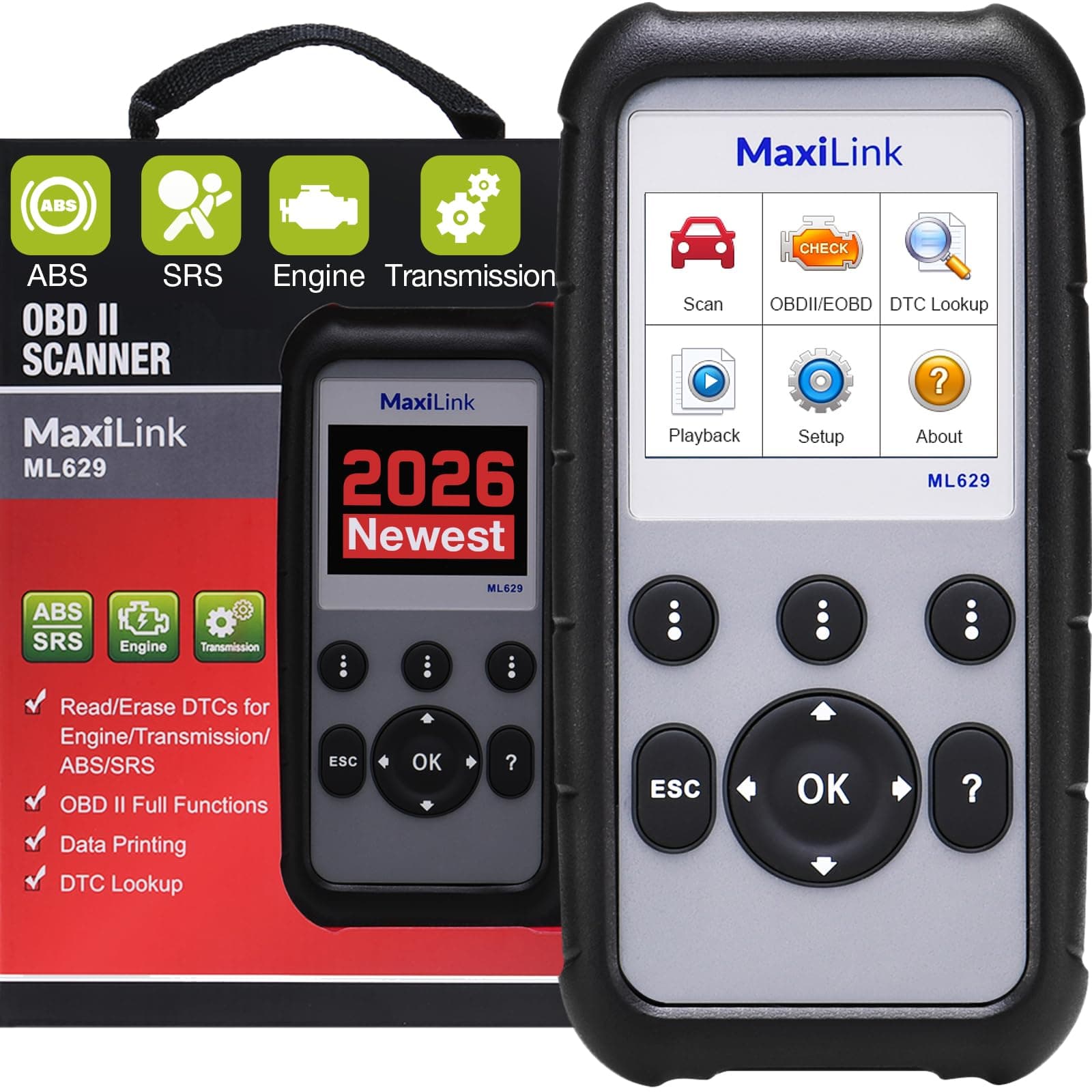 ML629 OBD2 Scanner, Upgraded of AL619, Car Code Reader Check Engine ABS SRS Transmission Diagnostic Scan Tool with Auto VIN, Ready Test