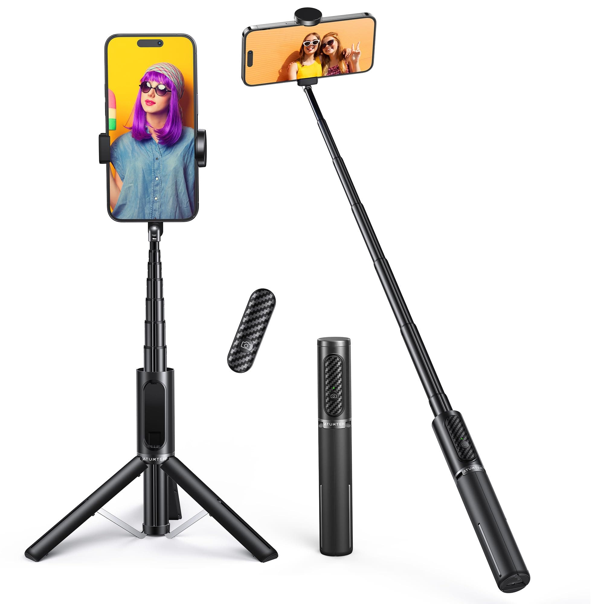 ATUMTEK Selfie Stick Tripod, 3-in-1 Extendable Aluminum Phone Tripod with Detachable Bluetooth Remote, Compatible with iPhone 17/16/15/14/13/12/11/11 Pro/XS Max/XR and Samsung Smartphones, Black