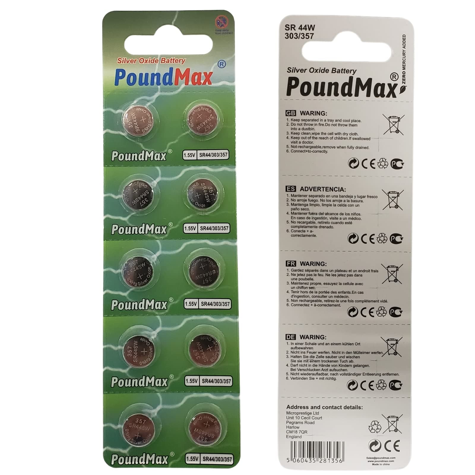 10 x PoundMax SR44 1.55 V Silver Oxide Button Cell Battery