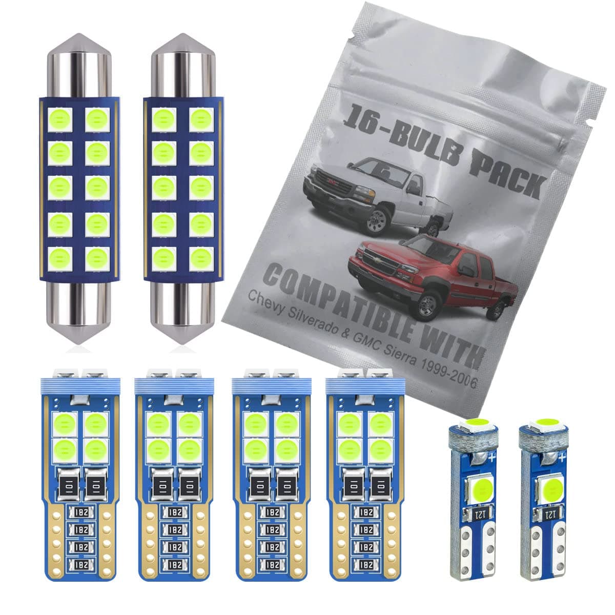 14-pc Ice Blue LED Interior Light Kit Compatible with Chevrolet Chevy Silverado and GMC Sierra 1999 2000 2001 2002 2003 2004 2005 2006 Map Dome Trunk License Plate Light Bulb Replacement