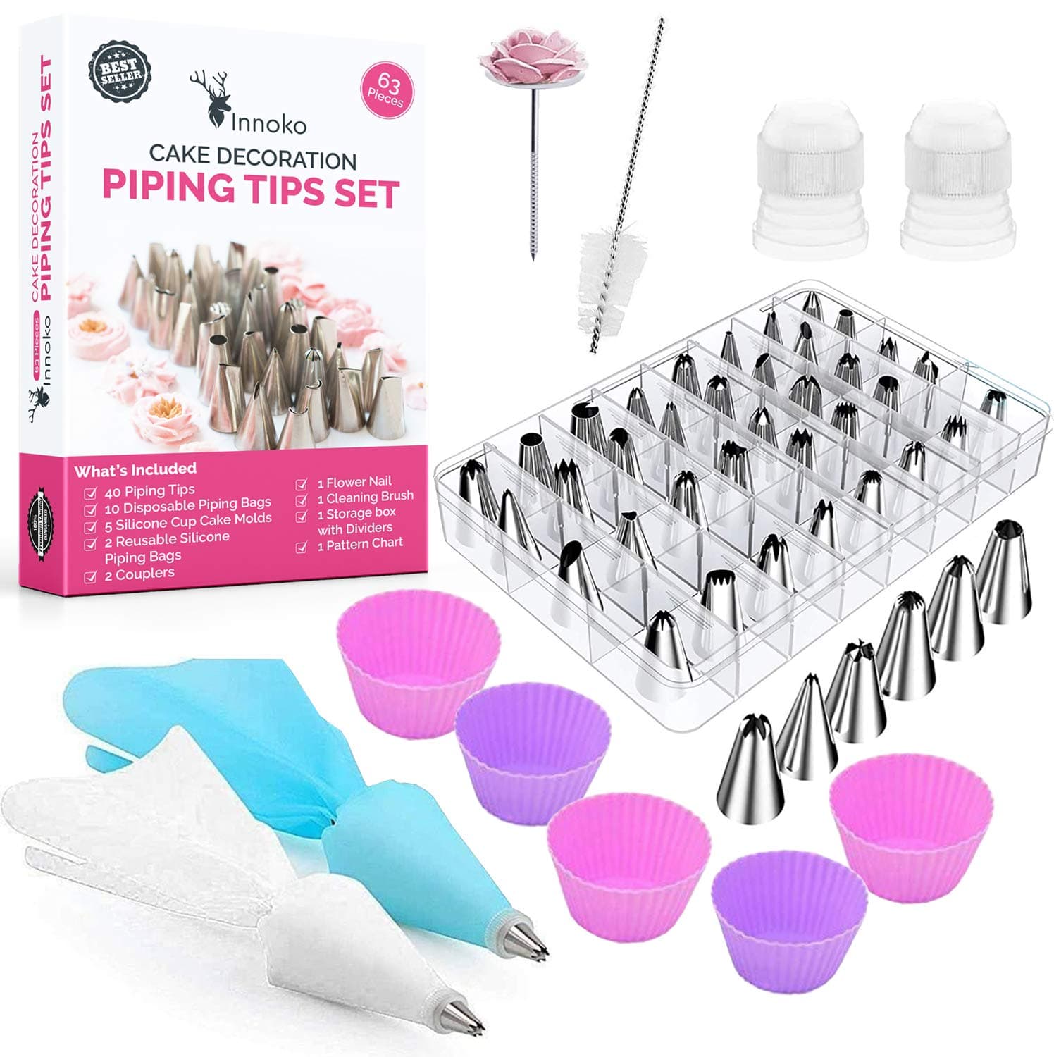 Innoko EVIZO 63 Pieces Cake Decorating Tools Set, 40 Stainless Steel Piping Nozzles Tips, 2 Reusable Plastic Couplers, 5 Silicone Cupcake Molds, 2 Reusable Piping Bags with Storage Box, Pattern Chart
