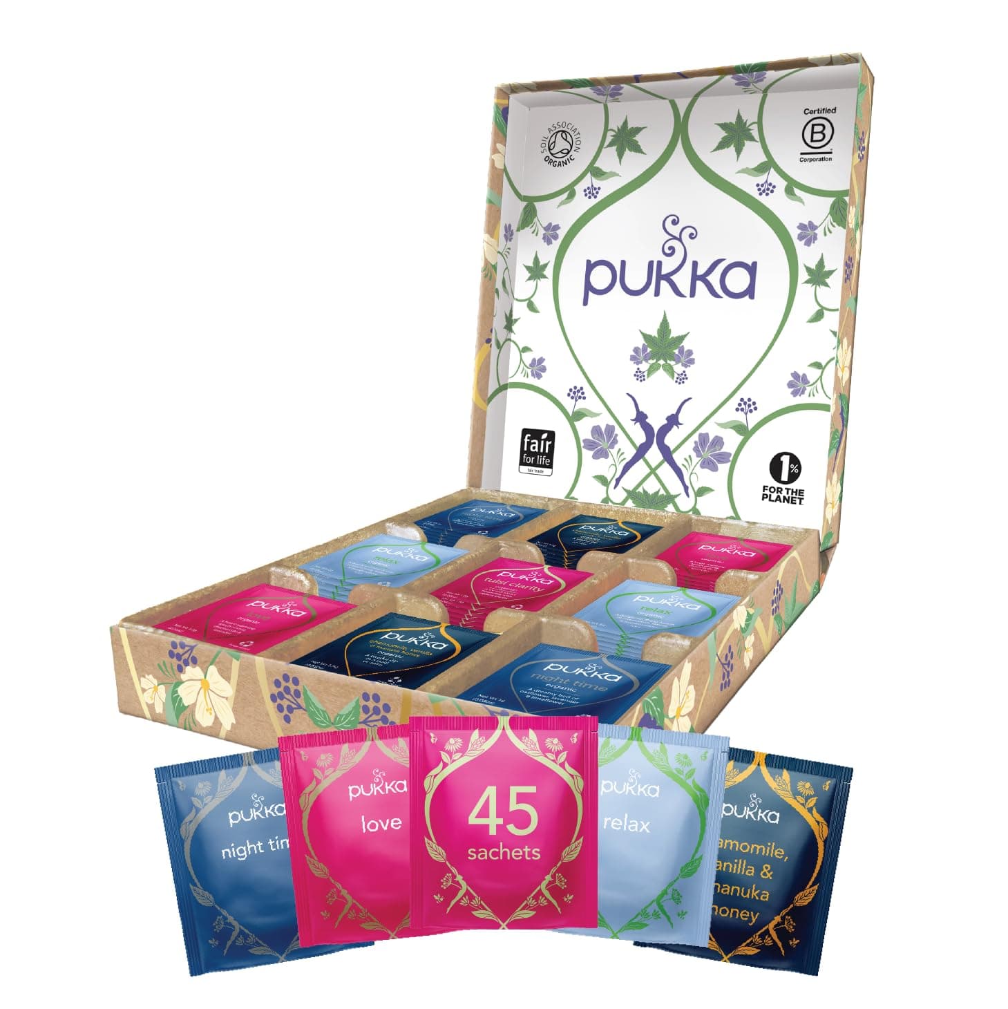 Pukka Organic Tea Gift Set, Relax Selection Herbal Tea Sampler for Health and Wellness, 45 Tea Bags
