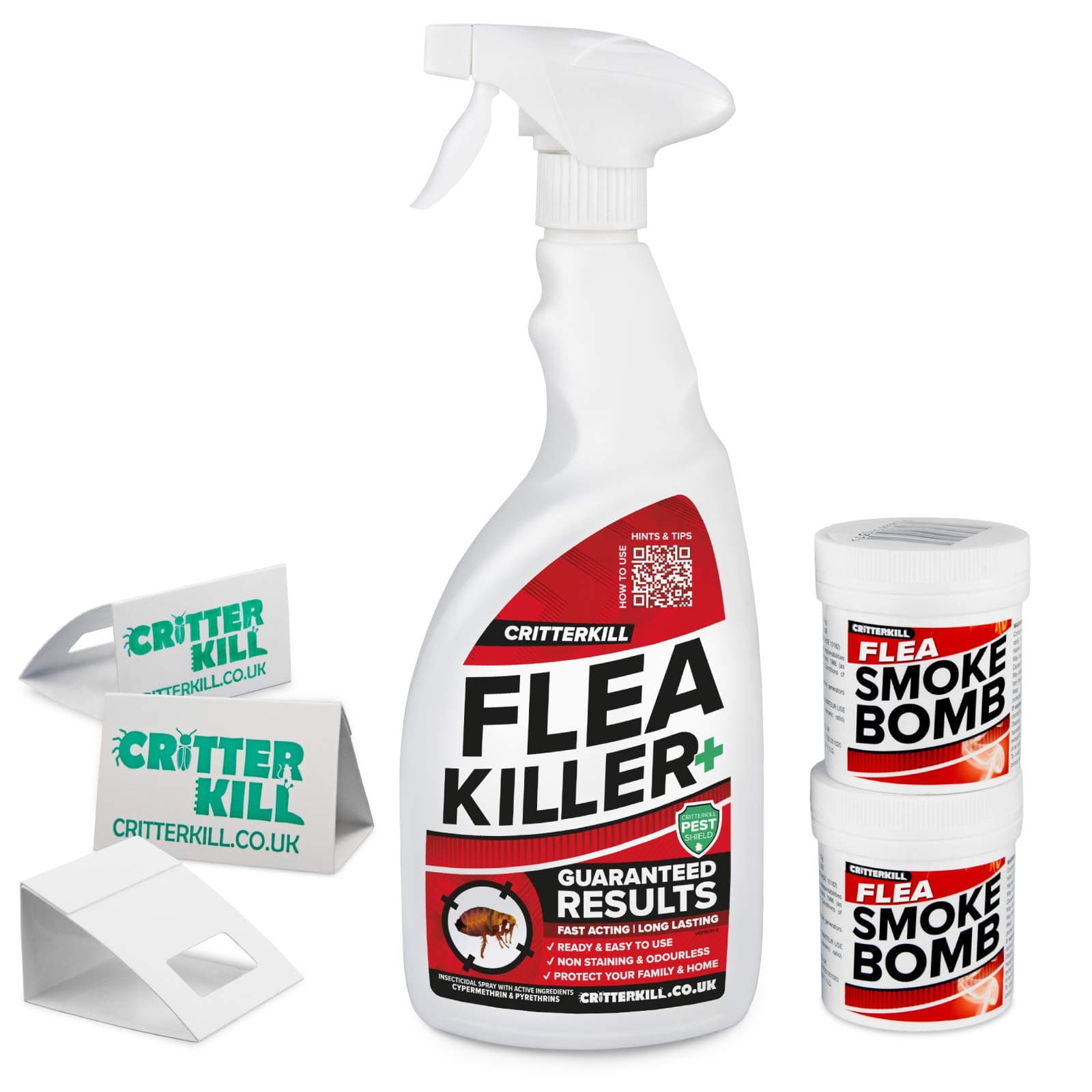 CritterKill Flea Killer Kit - For Low Level Home Infestation - Flea Spray + Smoke Bombs + Insect Traps (1L / 2x16g / 3)