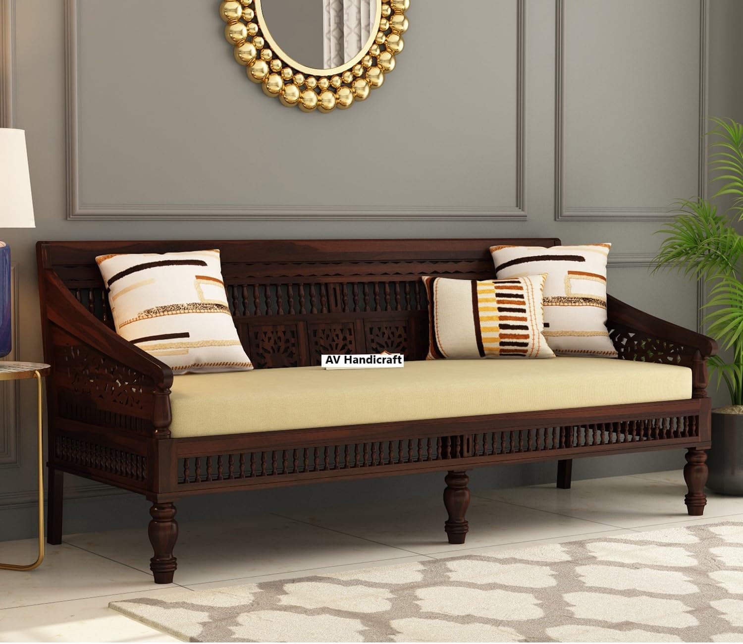 Solid Sheesham Wood Sofa Set for Living Room|Sofas|Wooden Sofa Set (Walnut & Cream, 3-Person Sofa)