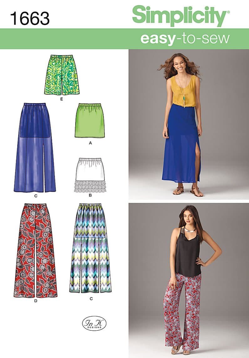 Simplicity Easy-to-Sew Pattern 1663 Misses Pull-On Skirts and Pants or Shorts Sizes 12-14-16-18-20