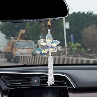 ATMOMO Crystal Flower Car Rear View Mirror Pendant Car Hanging Ornament Lucky Car Charm with Dangle Beads, Transparent
