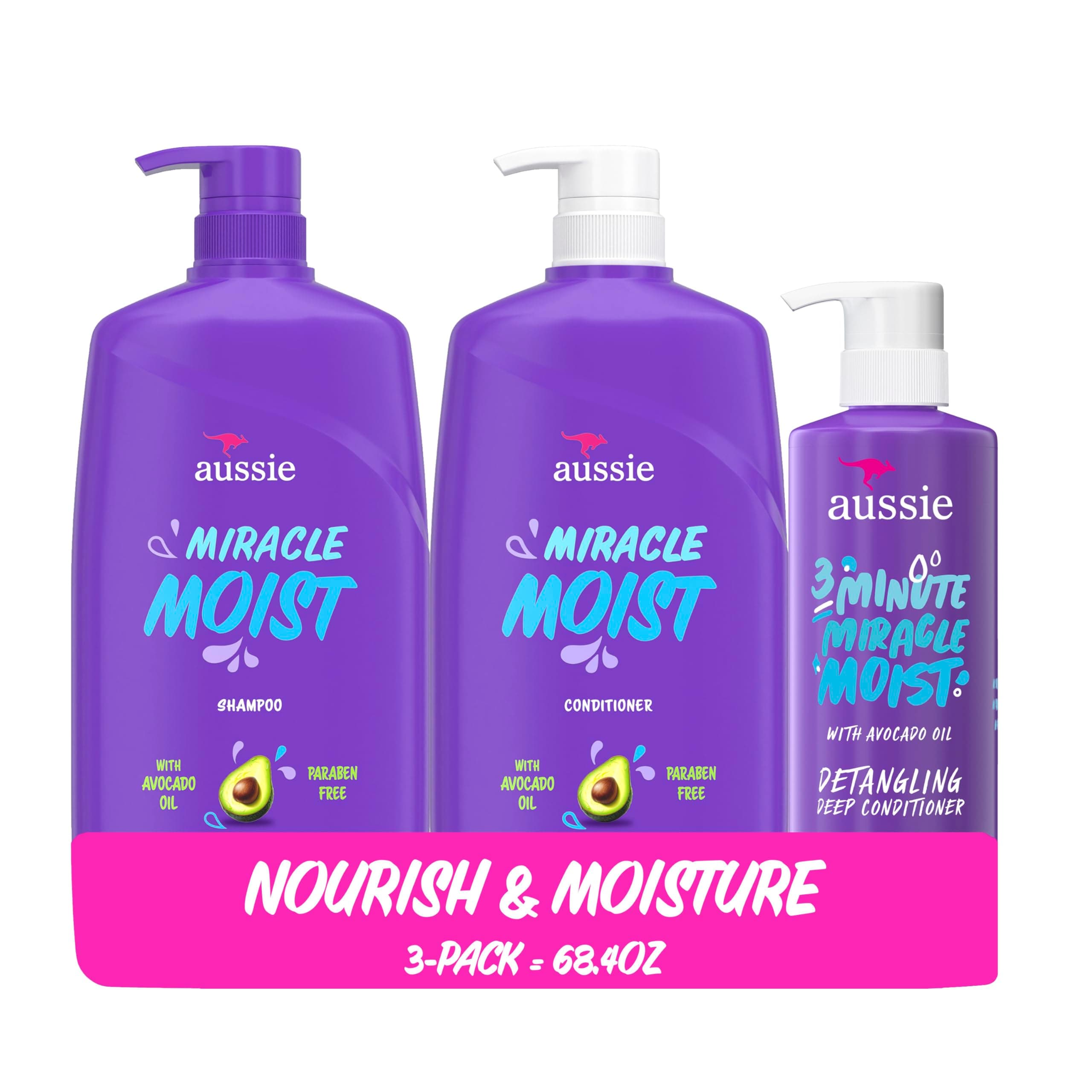 Aussie Miracle Moist Shampoo, Conditioner and 3 Minute Miracle Deep Conditioner Hair Treatment Bundle, Infused with Avocado & Australian Jojoba Oil, Paraben Free