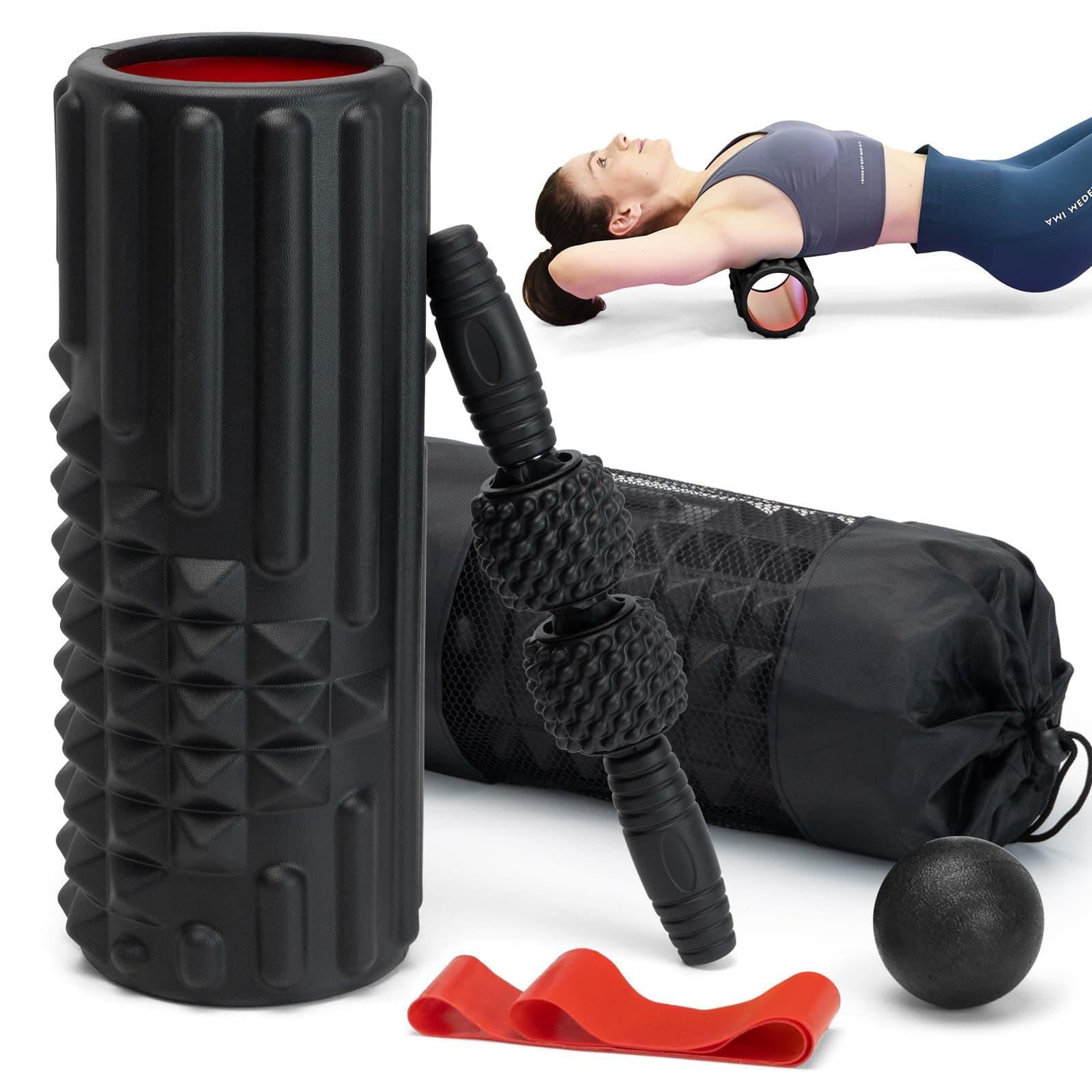 Foam Roller Set 5 in 1 Trigger Point Back Roller, Muscle Roller Stick, Massage Ball, Massage Roller, Resistance Band for Deep Tissue Massage, Fitness, Exercise, Yoga, Pilates (Black)