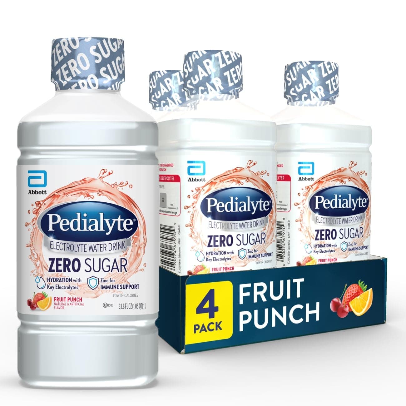 Pedialyte Electrolyte Water with Zero Sugar, Hydration with 3 Key Electrolytes & Zinc for Immune Support, Fruit Punch, 1 Liter, 33.8 Fl Oz (Pack of 4)