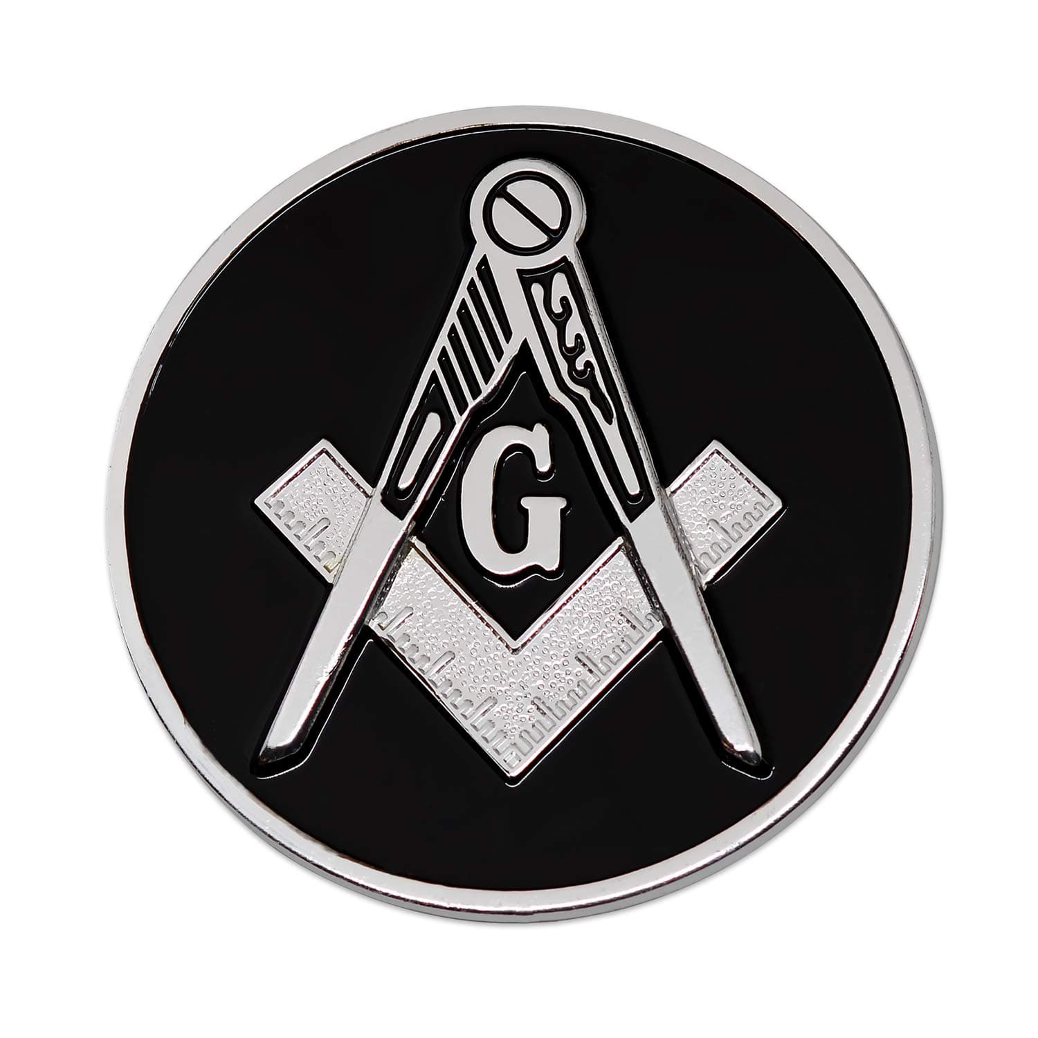 Square & Compass Round Masonic Auto Emblem - [Black & Silver][3'' Diameter]