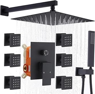 Enga Shower System with Body Jets, 12 Inch Wall Mount Rainfall Shower System and Handheld Body Spray Shower Faucets sets Combo with Rough-in Valve, Matte Black