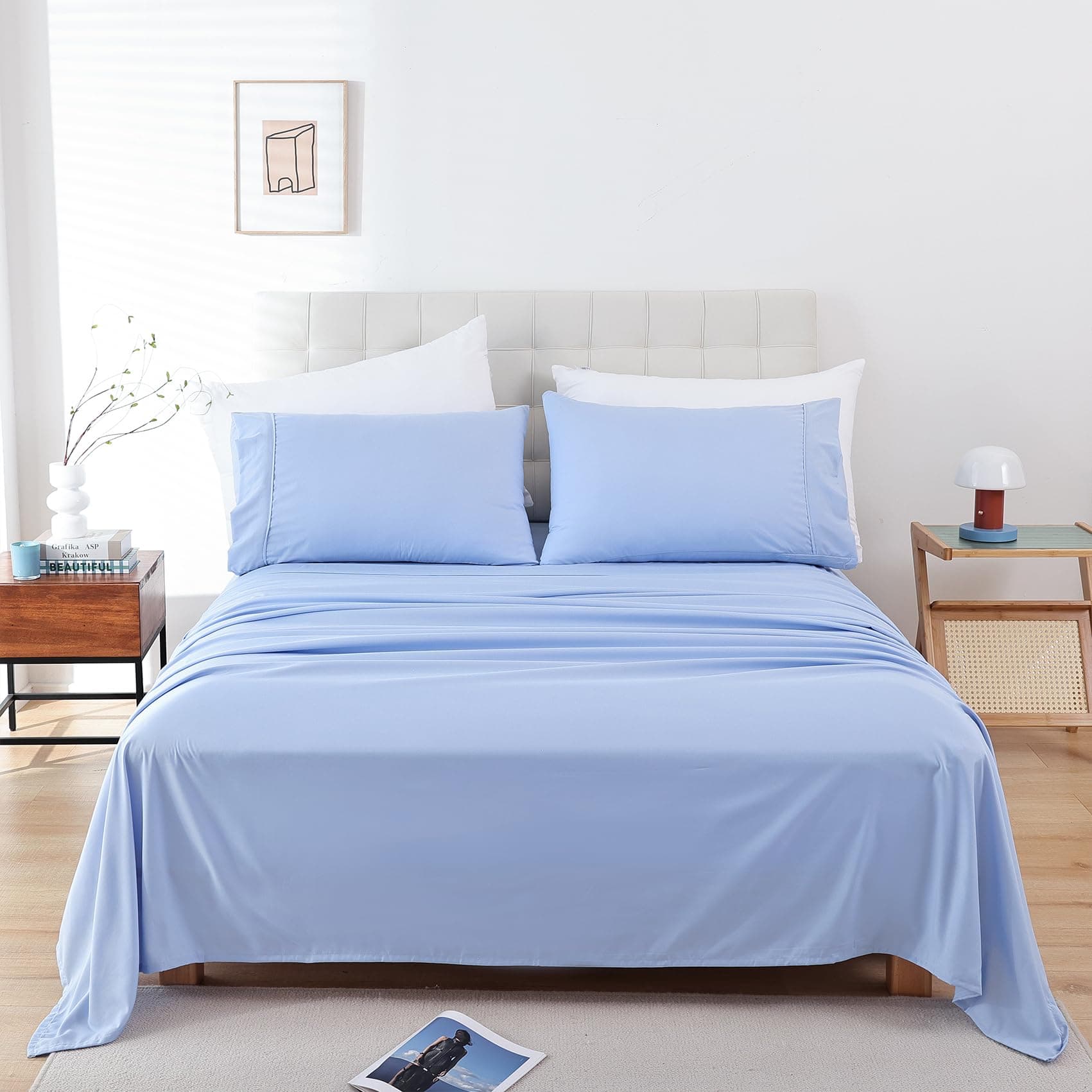 Whitney Home Textile Full Sheet Set - 4 Piece Bed Sheets for Full Size Bed, Luxury Soft Breathable Microfiber, Extra Deep Pocket, Bedding Sheets & Pillowcase, Wrinkle Free Oeko-Tex, Sky Blue